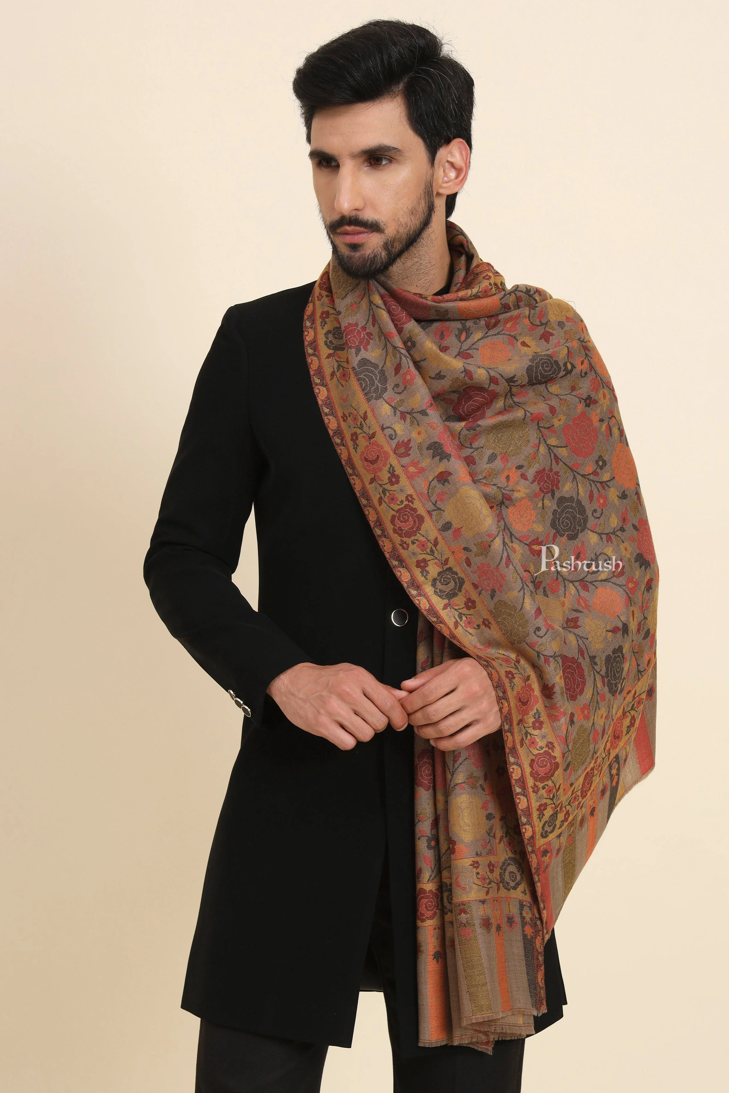 Pashtush Mens Extra Fine Wool Stole, Gulabdar Woven Design, Taupe - Image 4