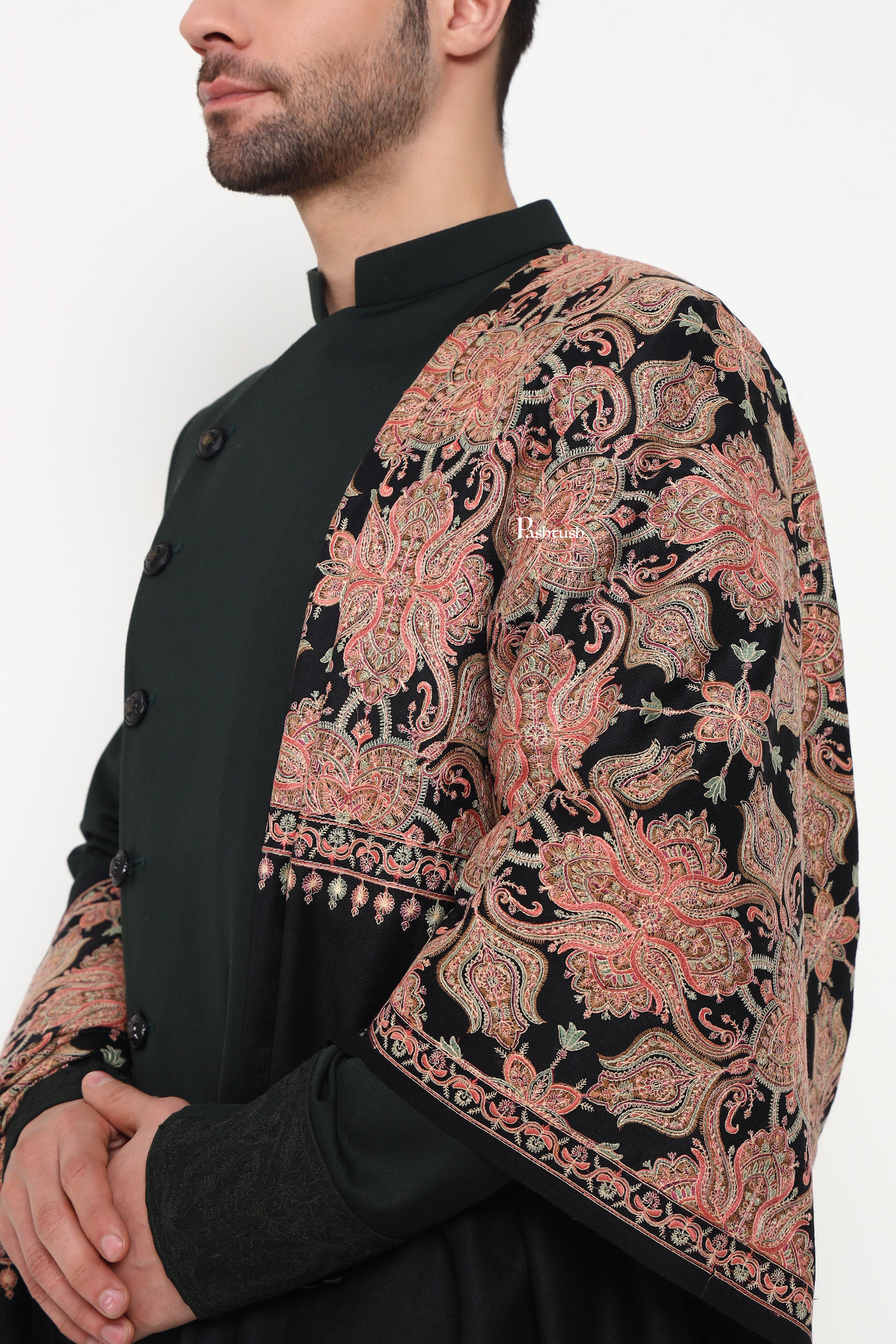Pashtush Mens Extra Fine Wool Stole, Heavy Jama Jaal Design, Black - Image 4