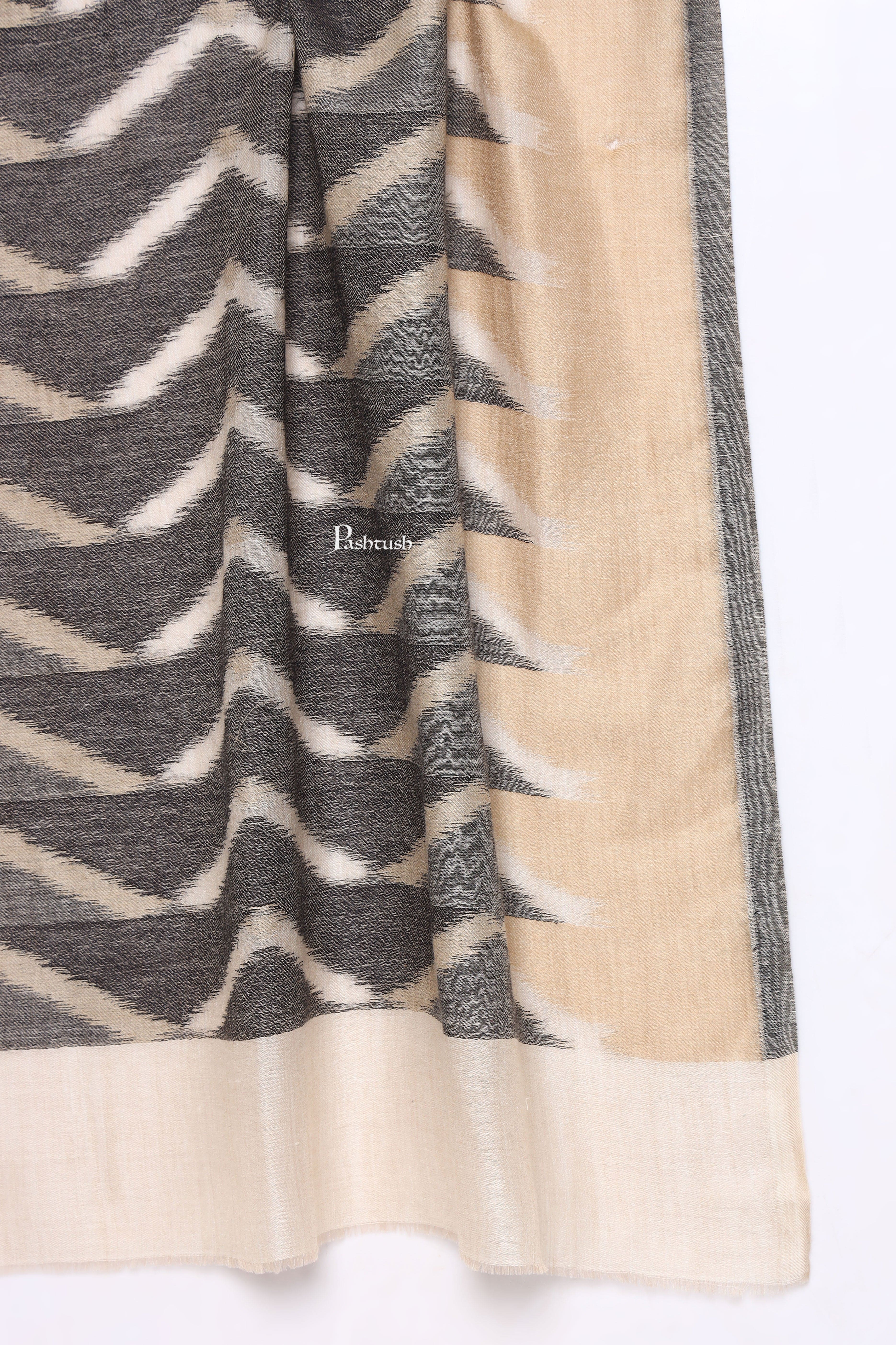 Pashtush Mens Extra Fine Wool Stole, Ikkat Design, Beige - Image 2