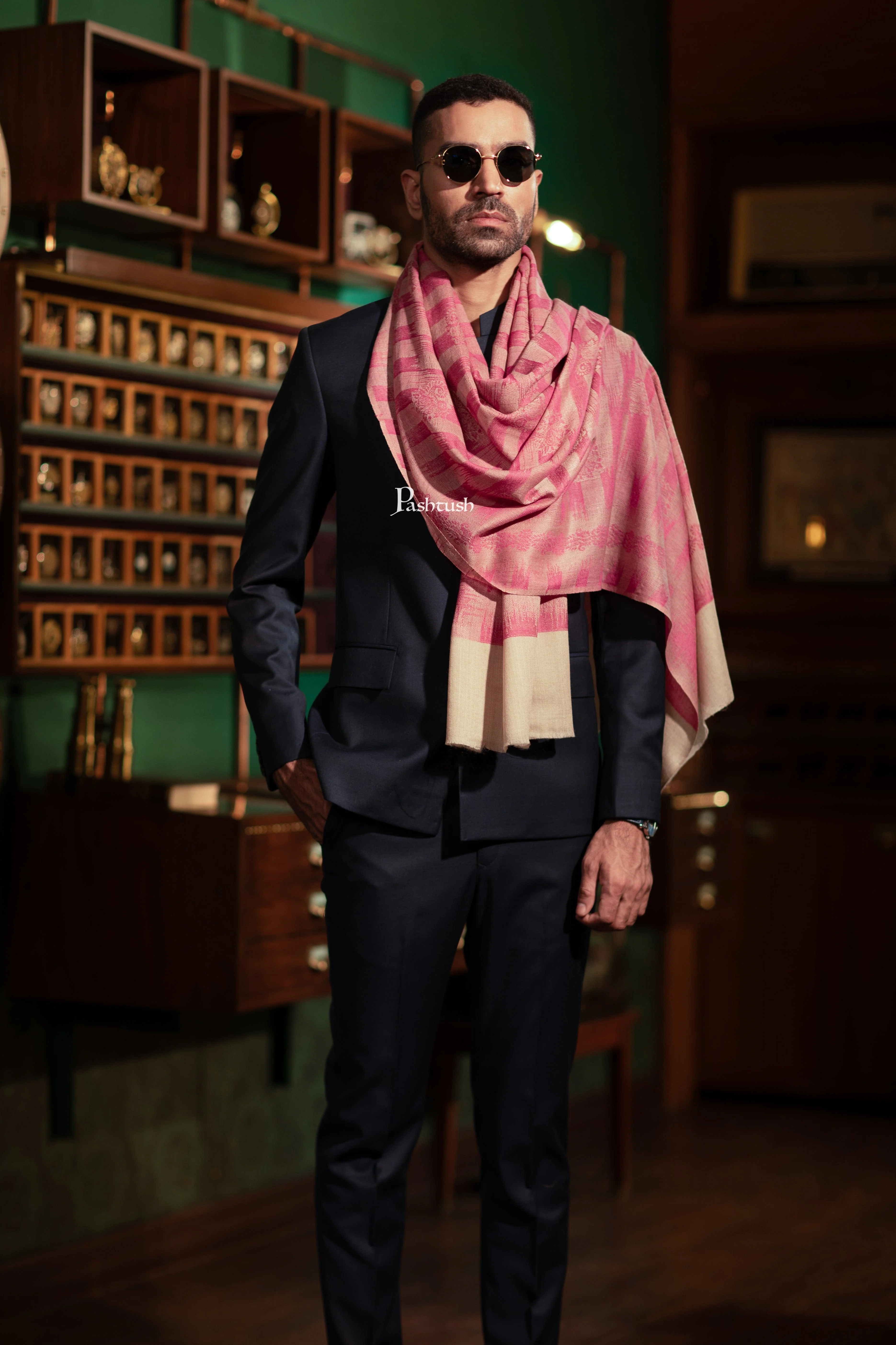 Pashtush Mens Extra Fine Wool Stole, Ikkat Weave Design, Salmon - Image 2