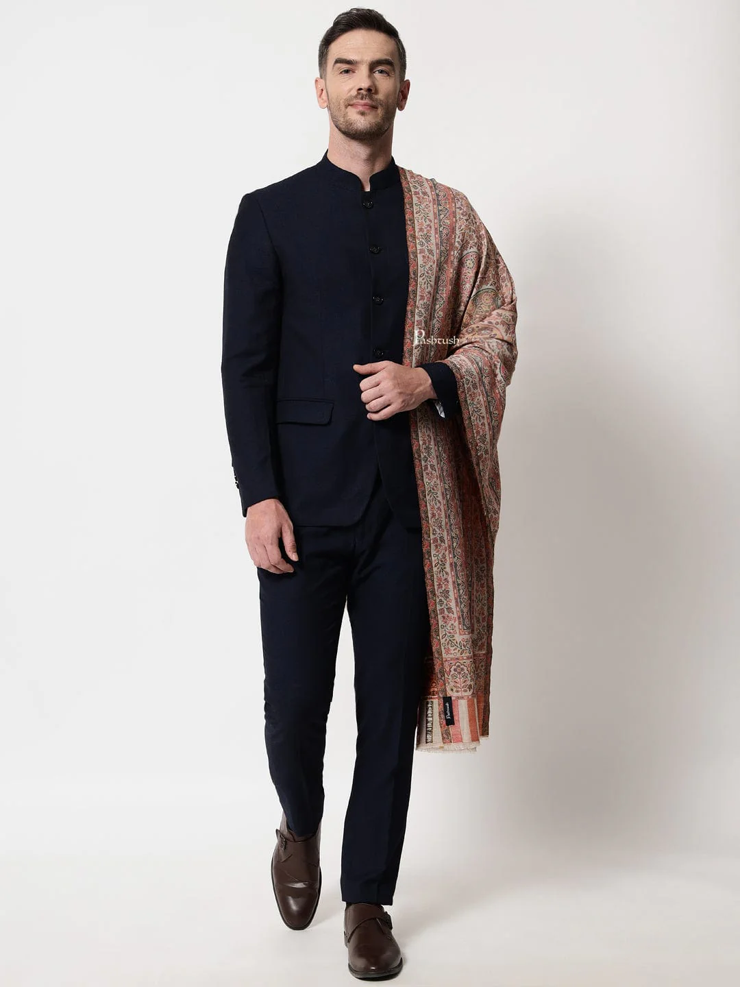 Pashtush mens Extra Fine Wool stole, jacquard design, Multicolour - Image 5
