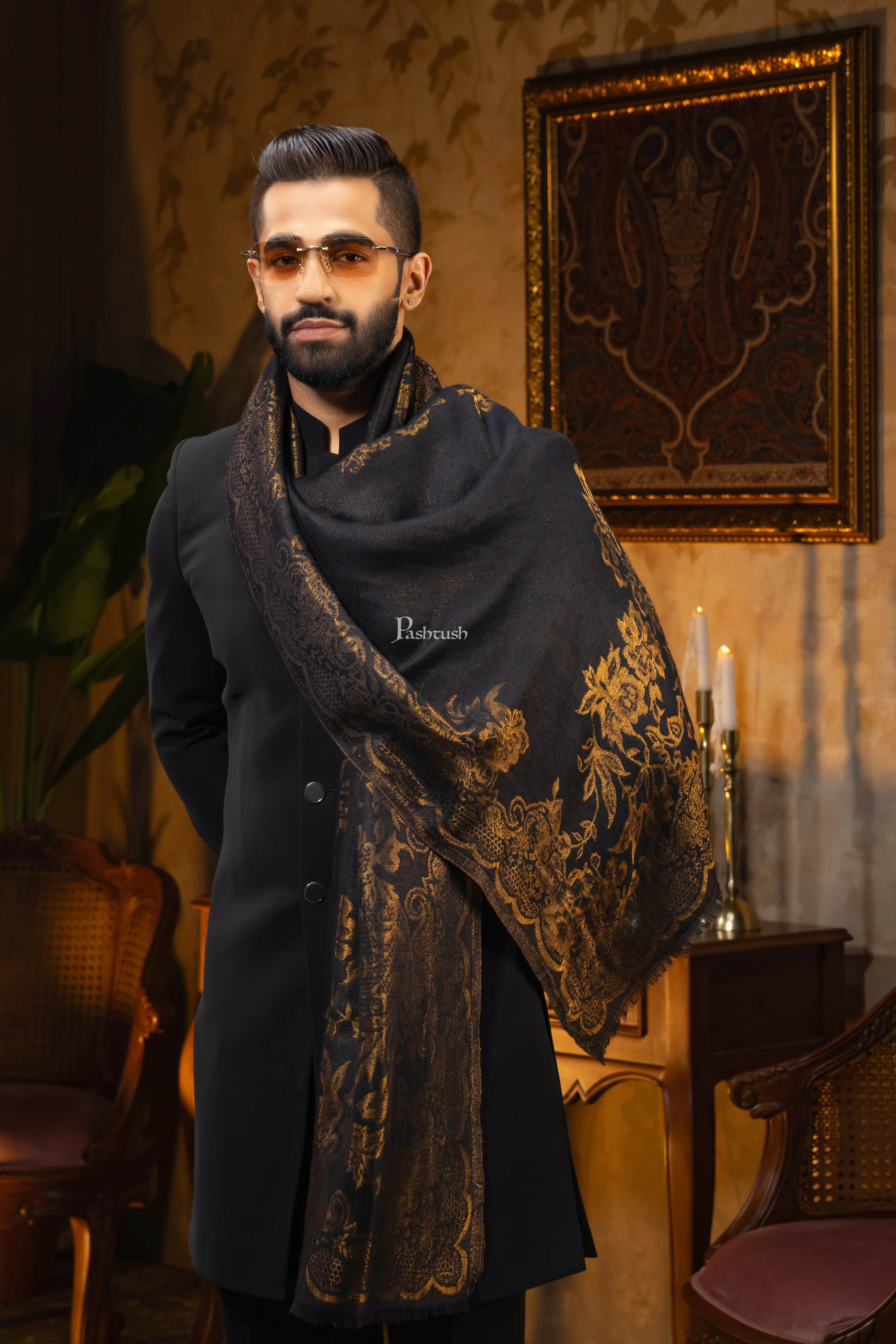 Pashtush Mens Extra Fine Wool Stole, Paisley Design, Black - Image 6