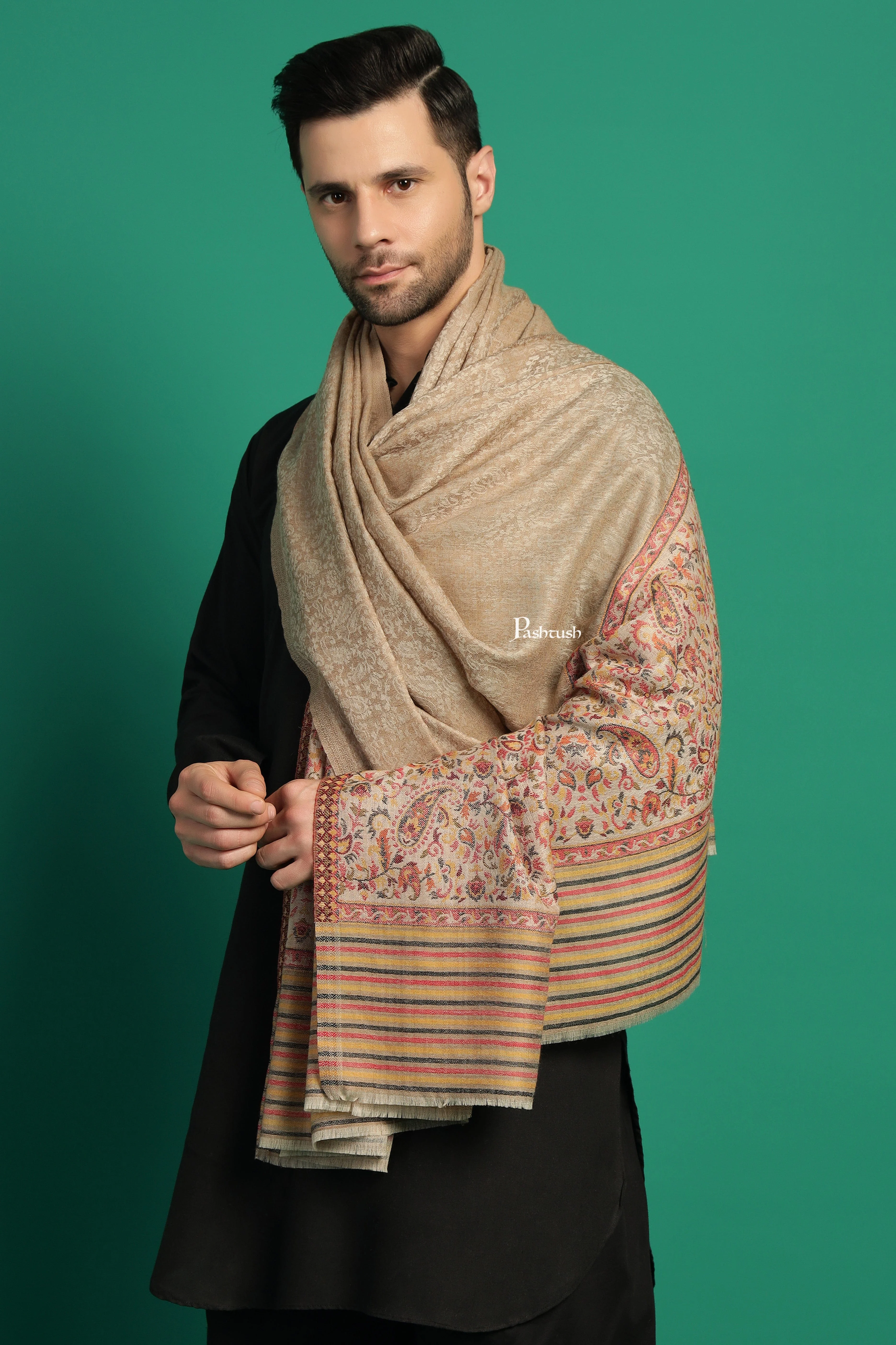 Pashtush Mens Extra Fine Wool Stole, Paisley Palla Design, Beige - Image 4