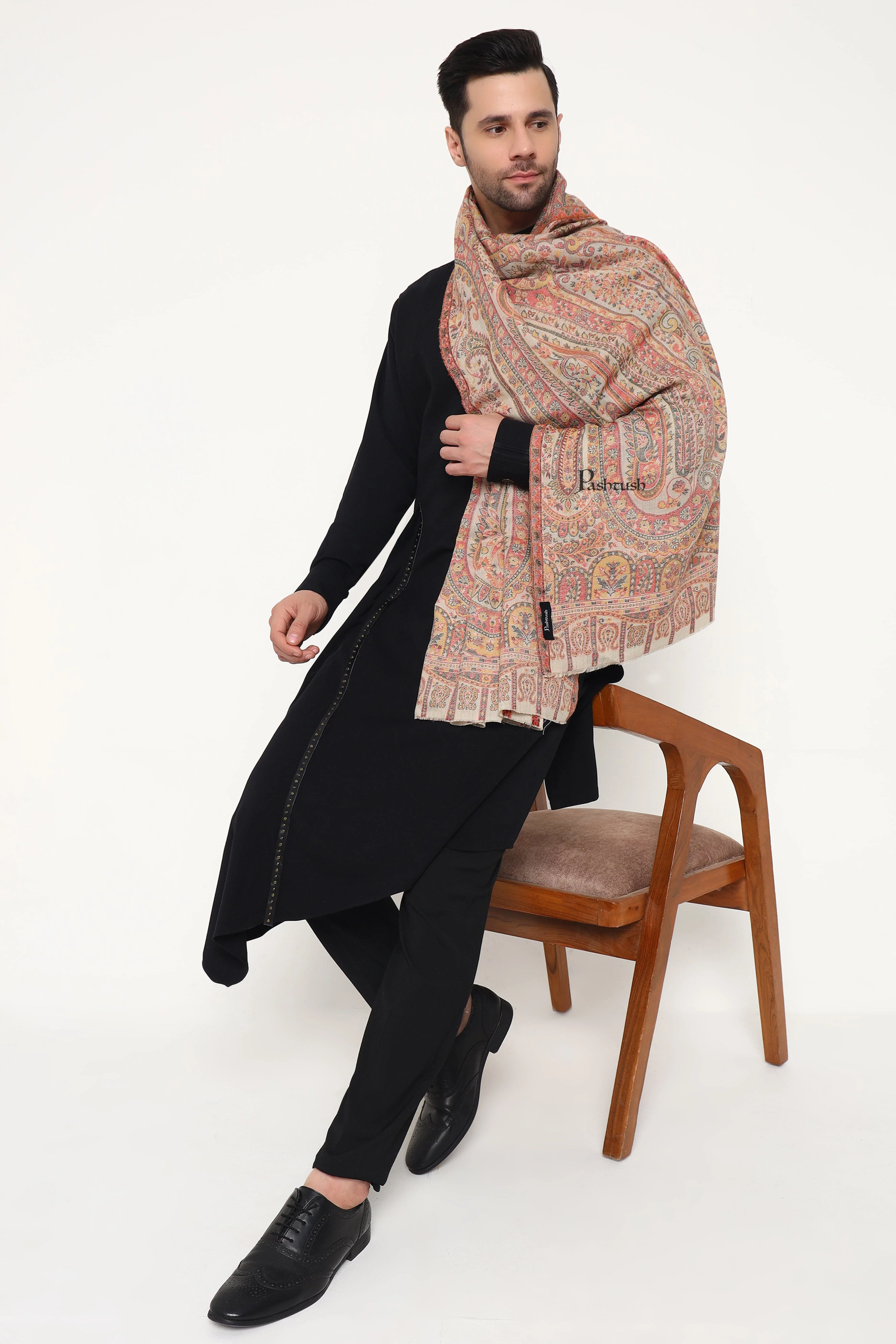 Pashtush Mens Extra Fine Wool Stole, Paisley Weave Design, Beige - Image 8