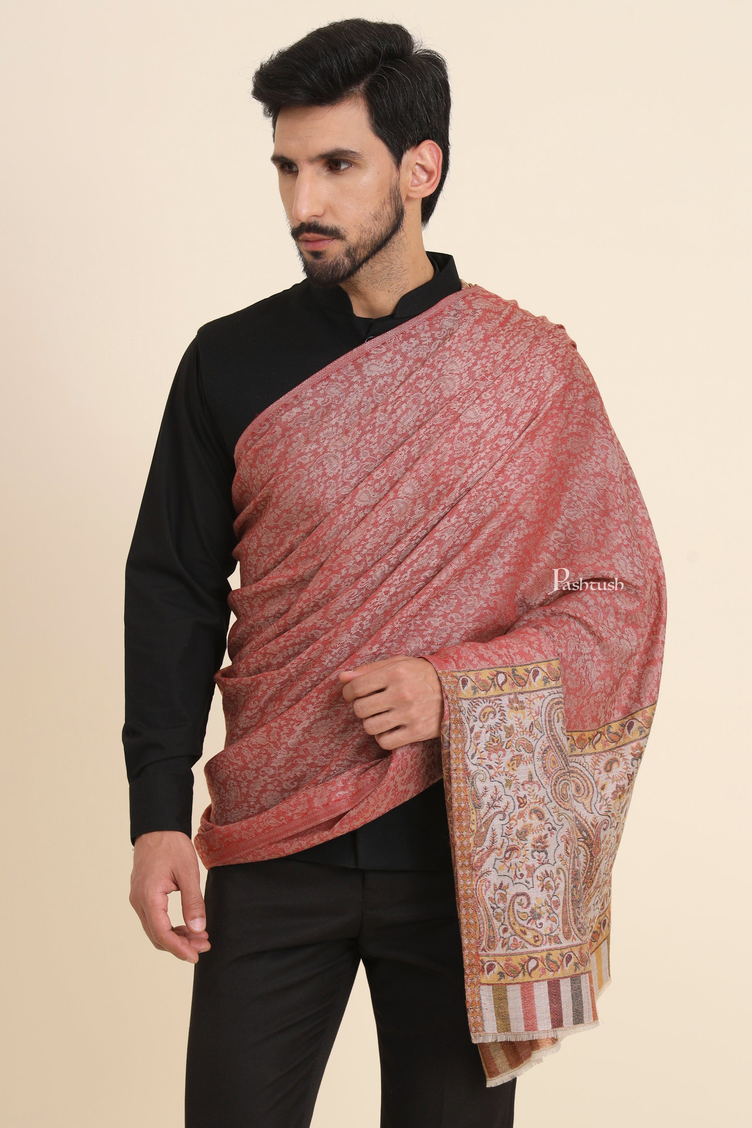 Pashtush Mens Extra Fine Wool Stole, Paisley Weave Design, Maroon - Image 3