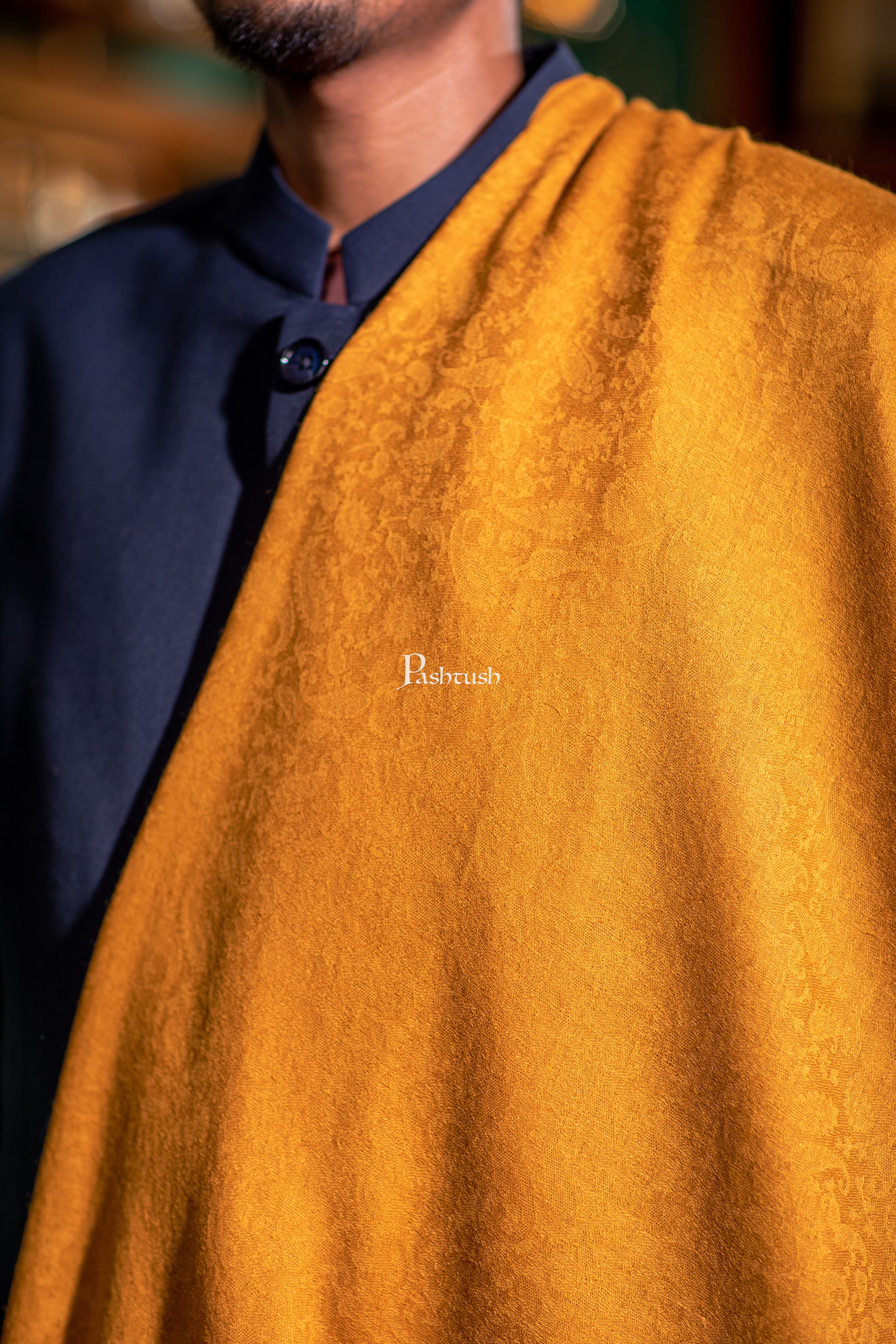 Pashtush Mens Extra Fine Wool Stole, Solid Colour, Mustard - Image 2