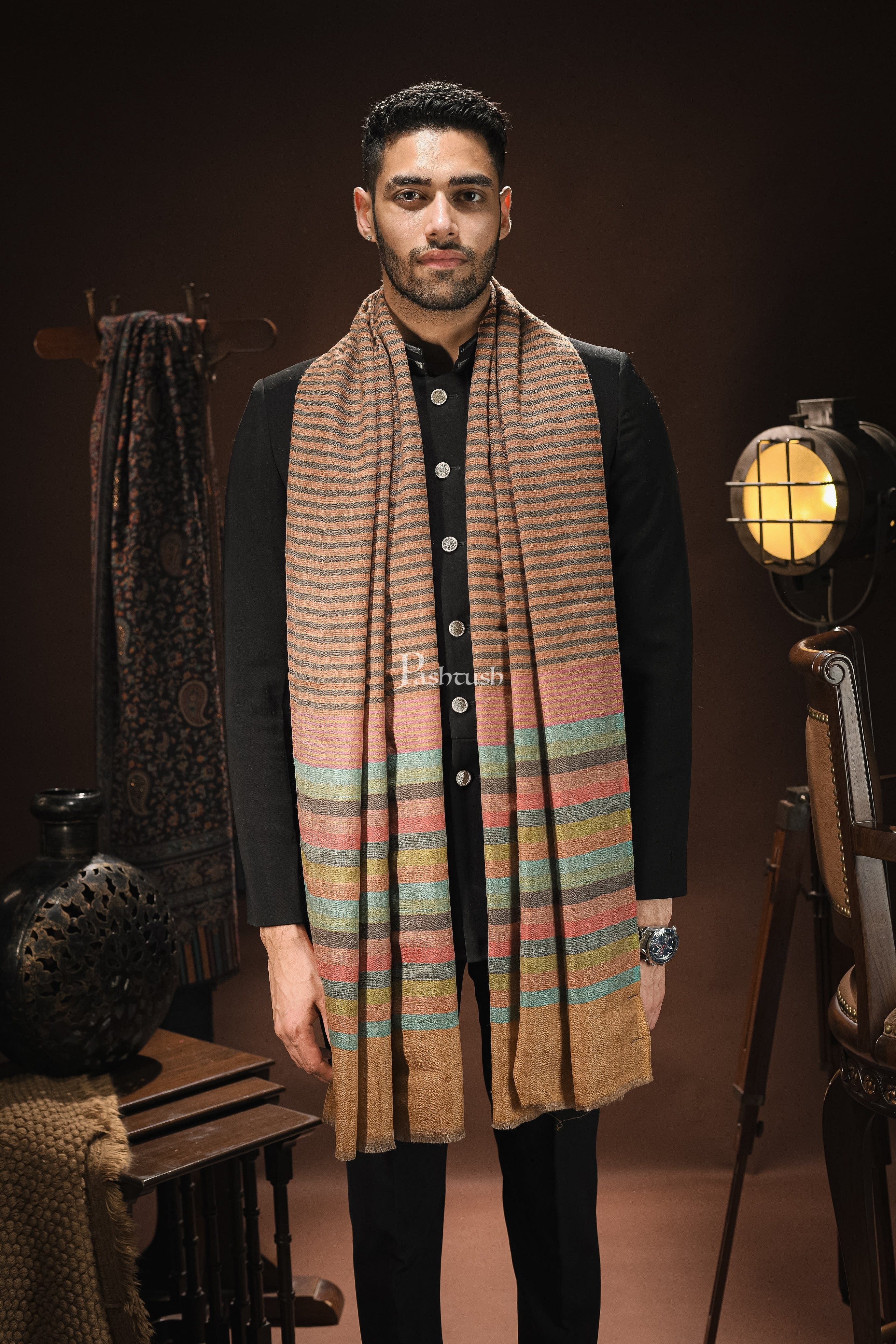 Pashtush mens Extra Fine Wool stole, Striped woven design, Multicolour - Image 2
