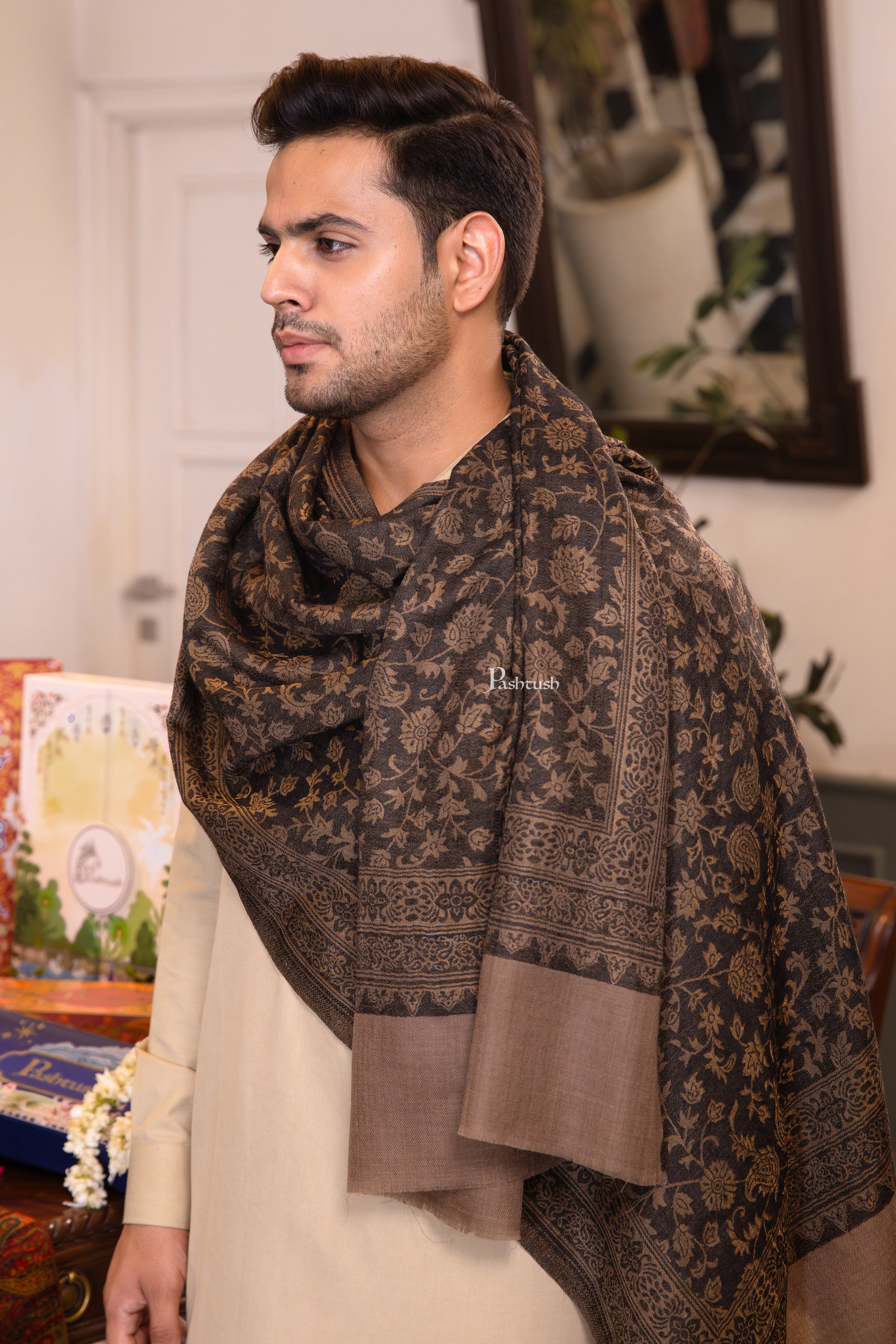 Pashtush Mens Extra Fine Wool Stole, Twilight Collection Check Design, Taupe - Image 3