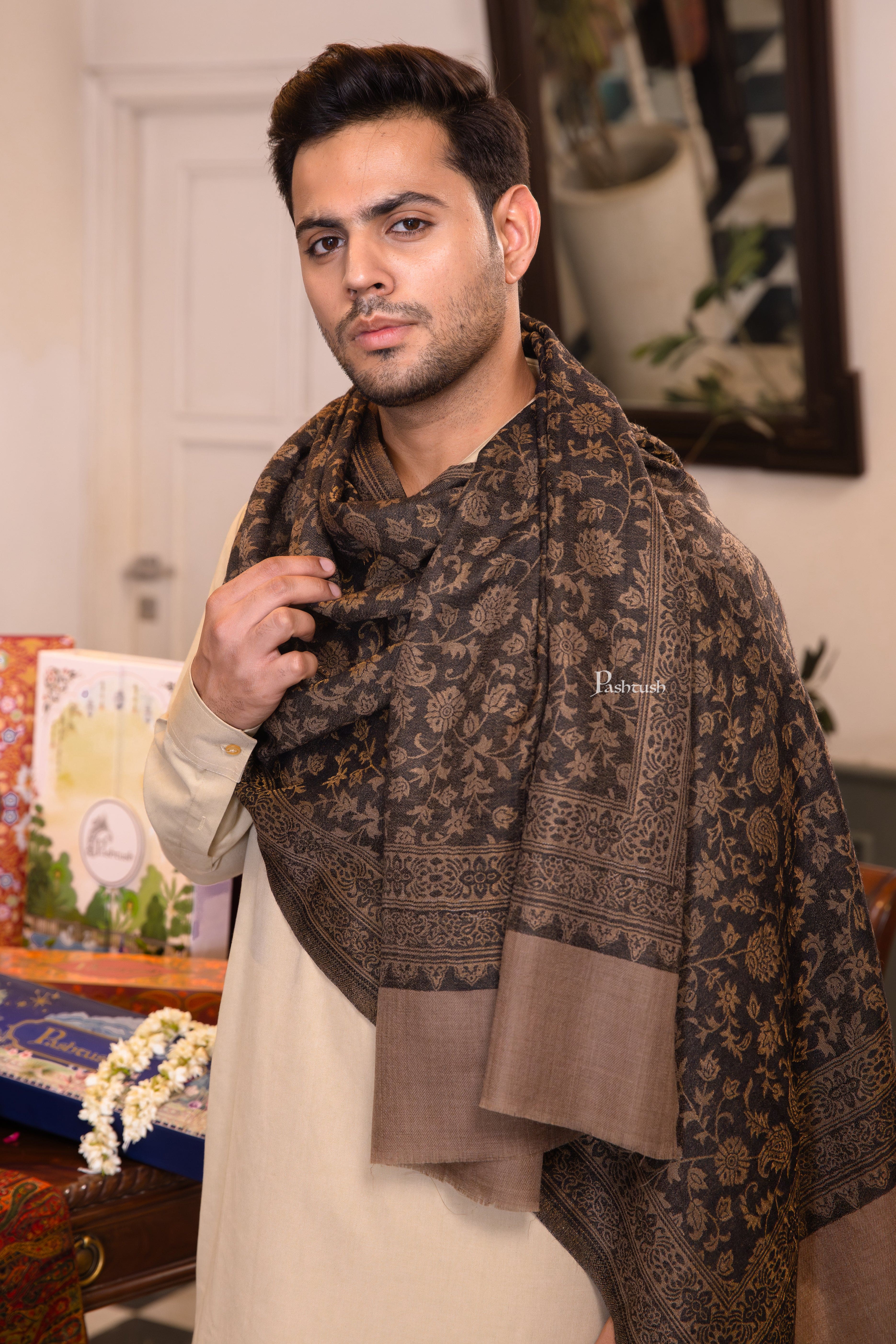 Pashtush Mens Extra Fine Wool Stole, Twilight Collection Check Design, Taupe - Image 4