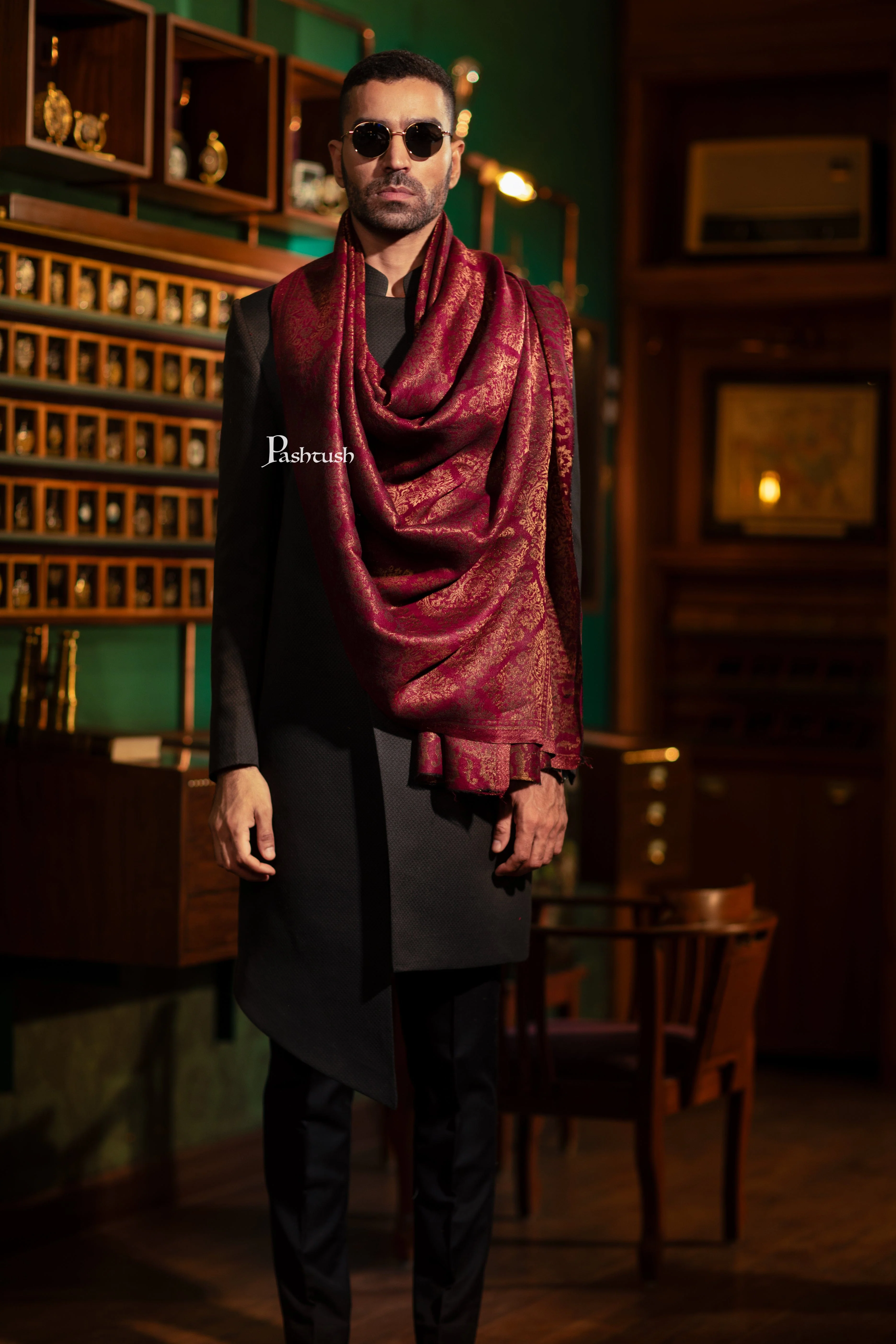 Pashtush Mens Extra Fine Wool Stole,  Twilight Collection Pasiley Weave Design, Maroon - Image 2