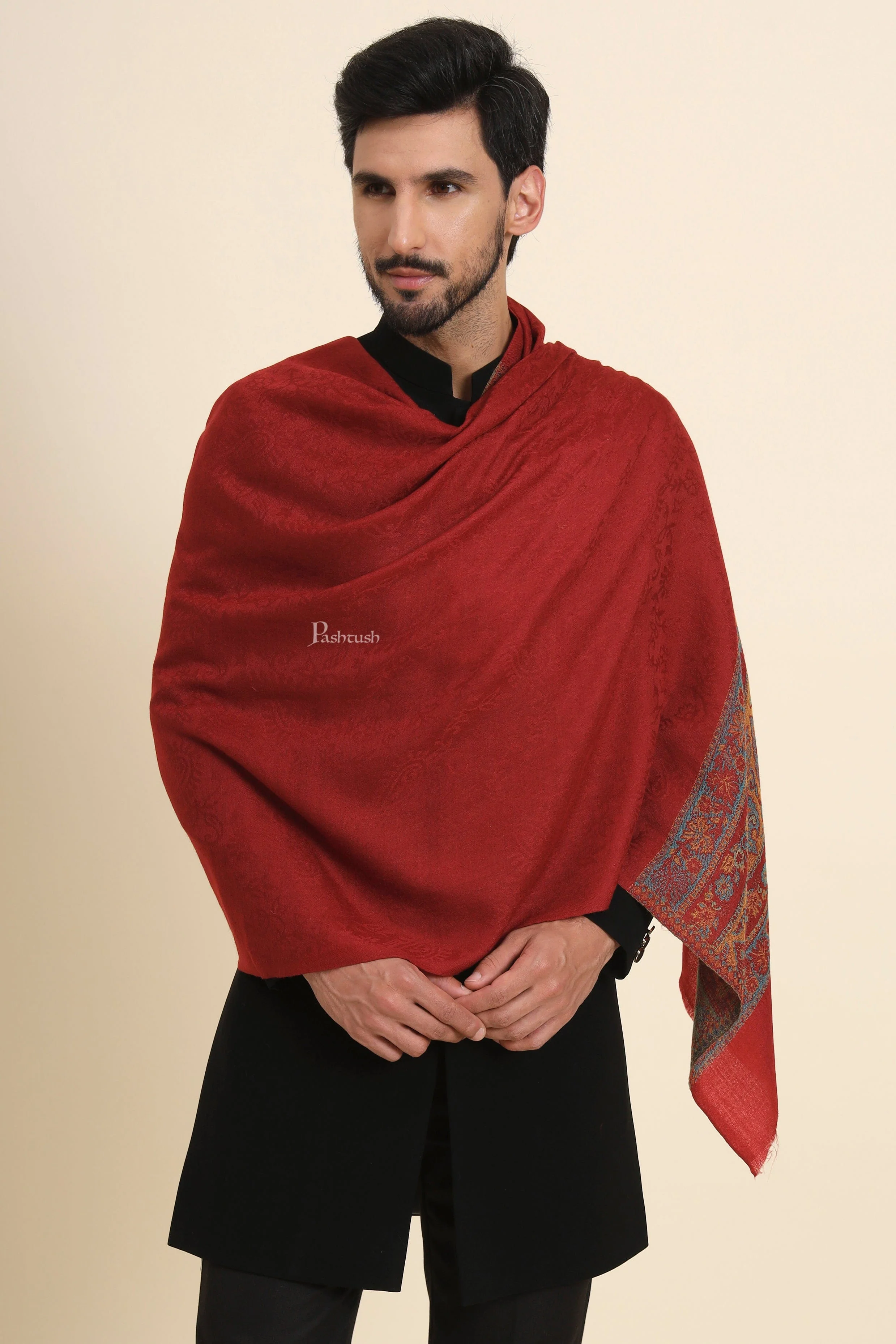 Pashtush Mens Extra Fine Wool Stole, Woven Ethnic Palla Design, Maroon - Image 3