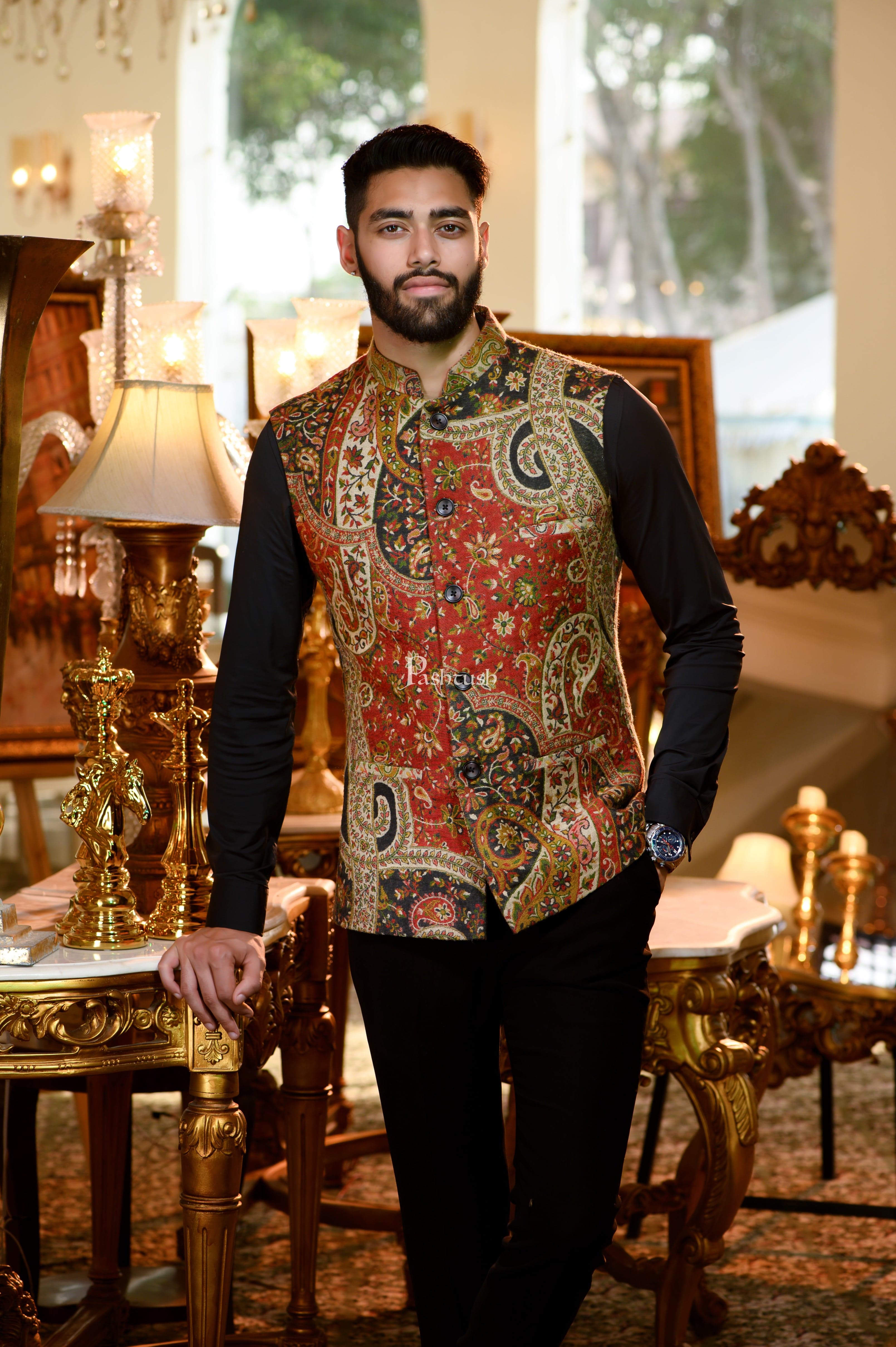 Pashtush Mens Faux Pashmina Jacket, Antique Design, Multicolour - Image 3