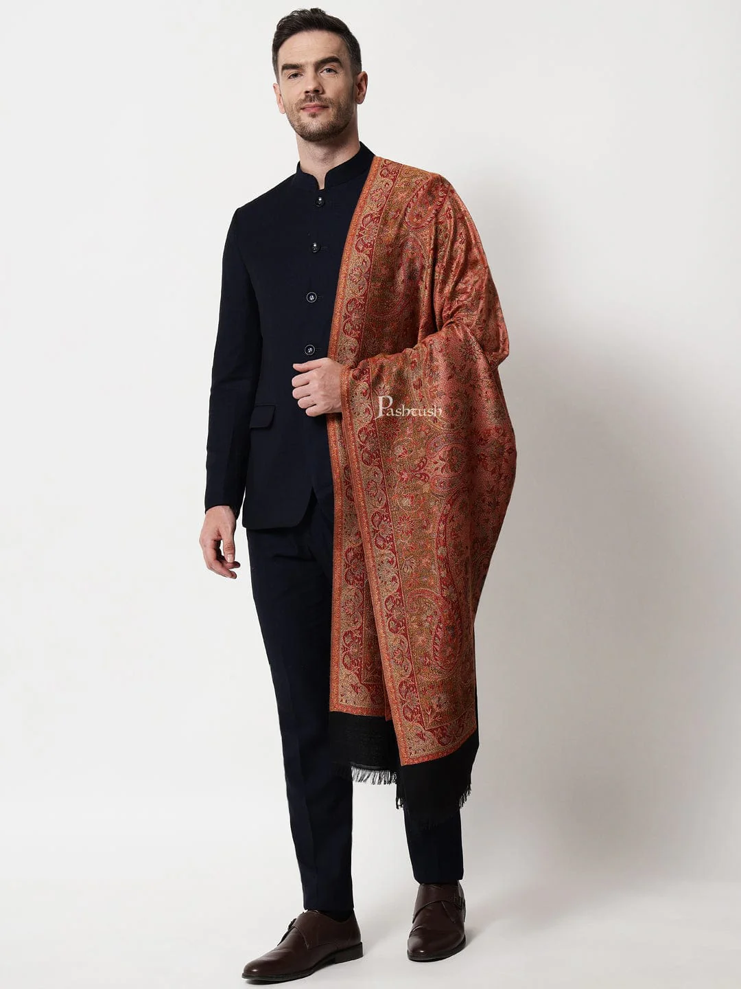 Pashtush mens faux pashmina stole, jacquard design, Black - Image 4