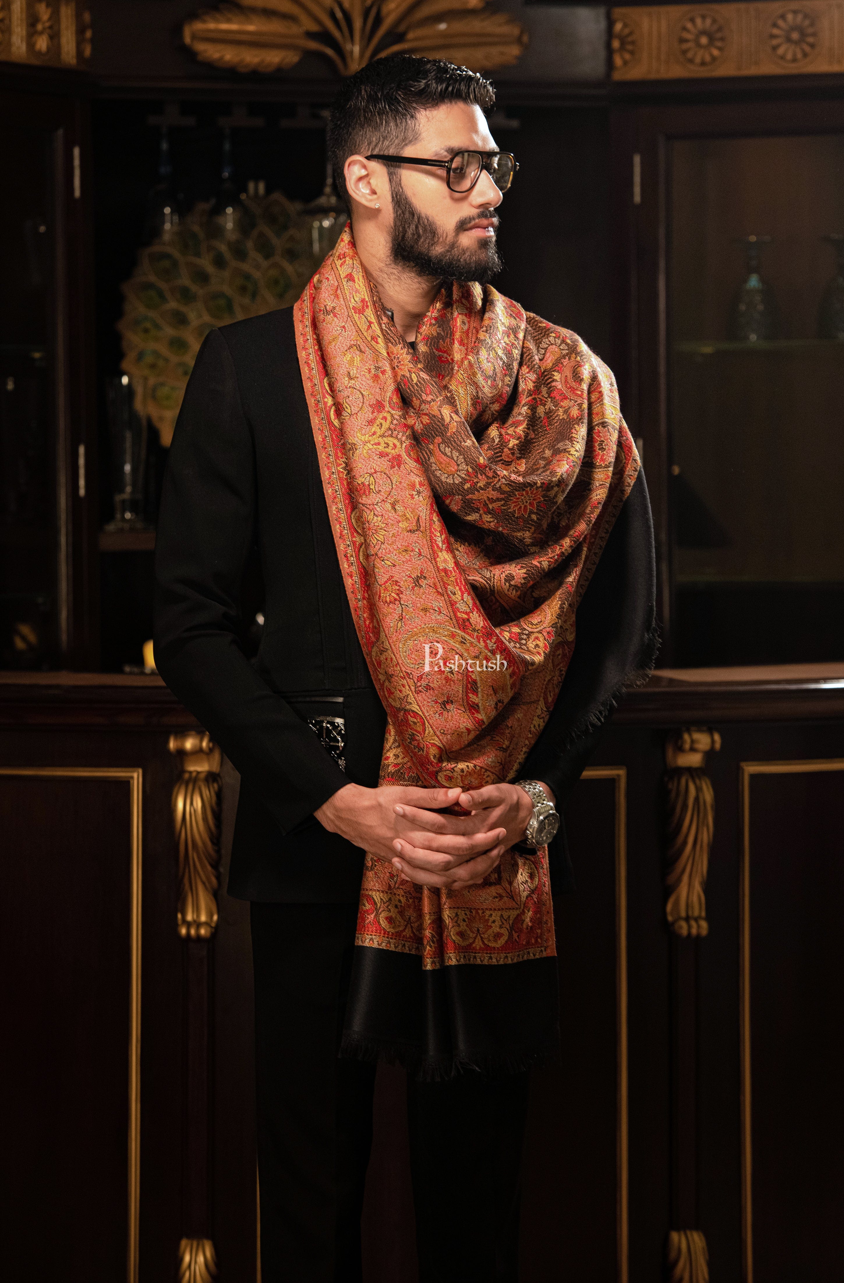 Pashtush mens faux pashmina stole, jacquard design, Black - Image 4