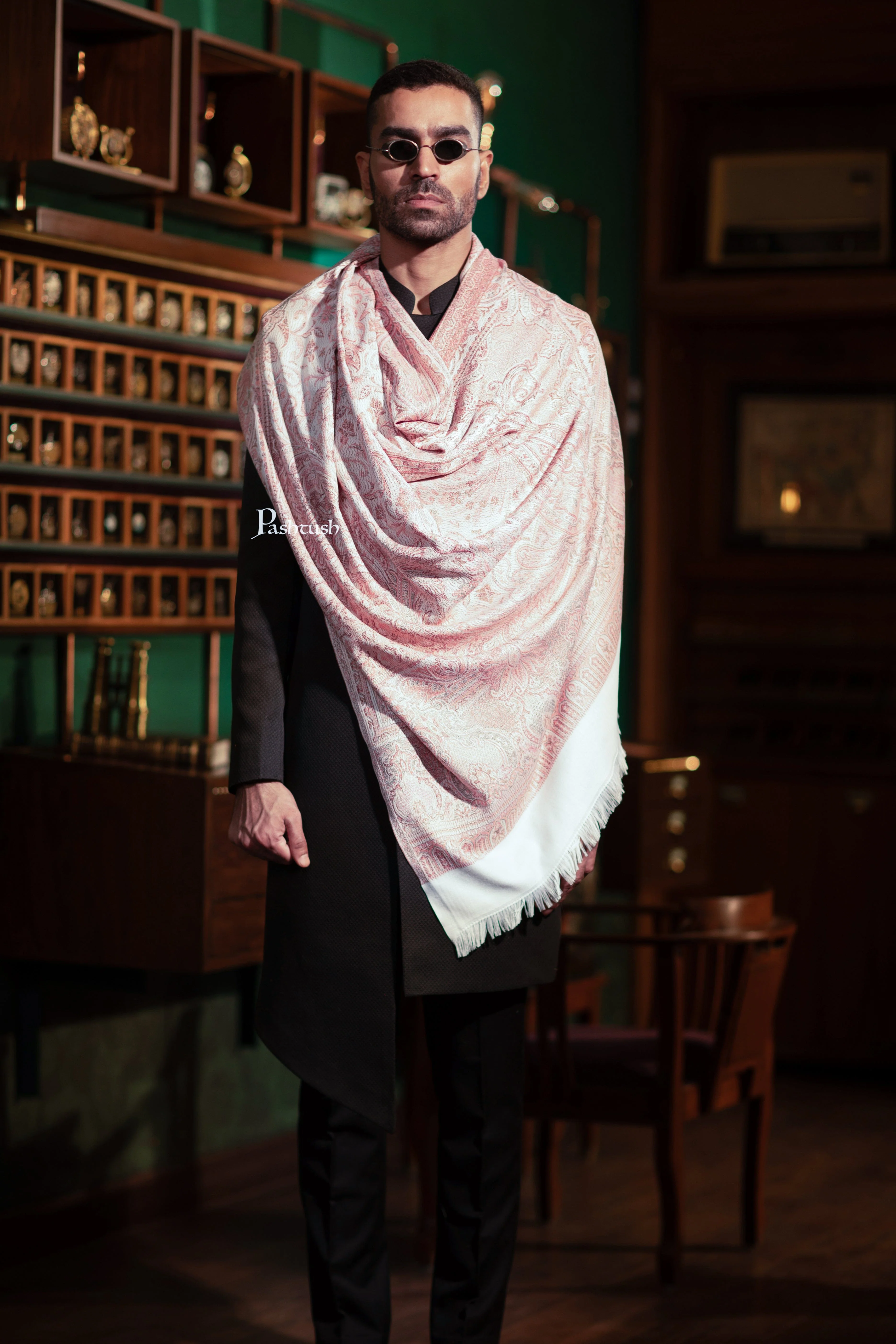 Pashtush Mens Faux Pashmina Stole, Jamawar Design, Ivory - Image 5