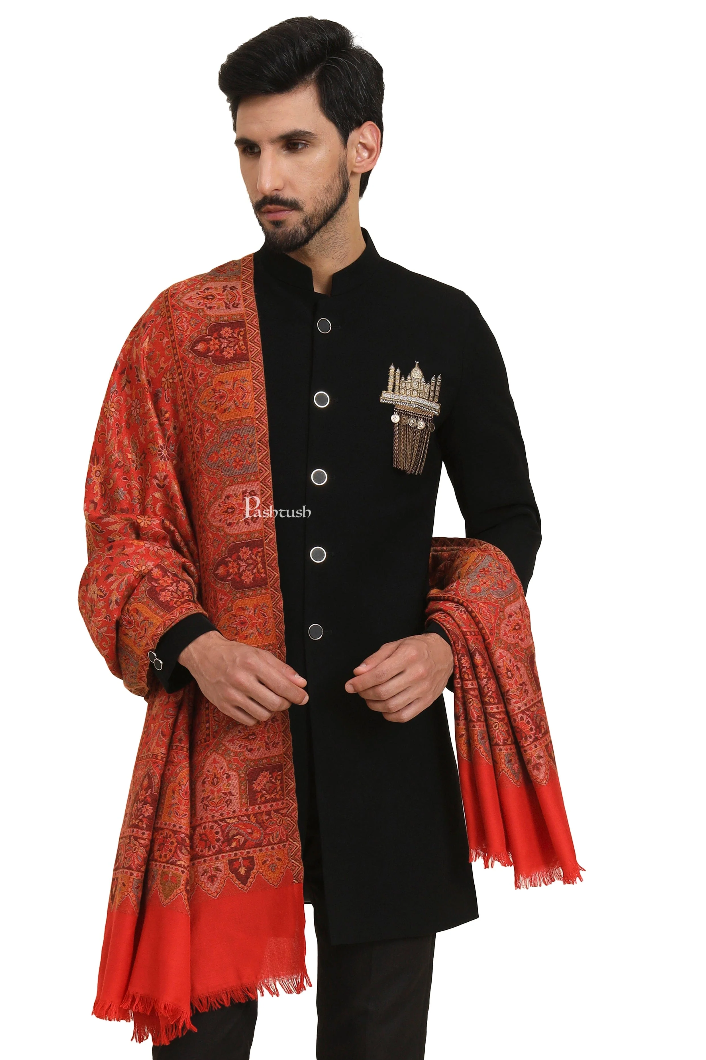 Pashtush Mens Faux Pashmina Stole, Jamawar Design, Red - Image 4