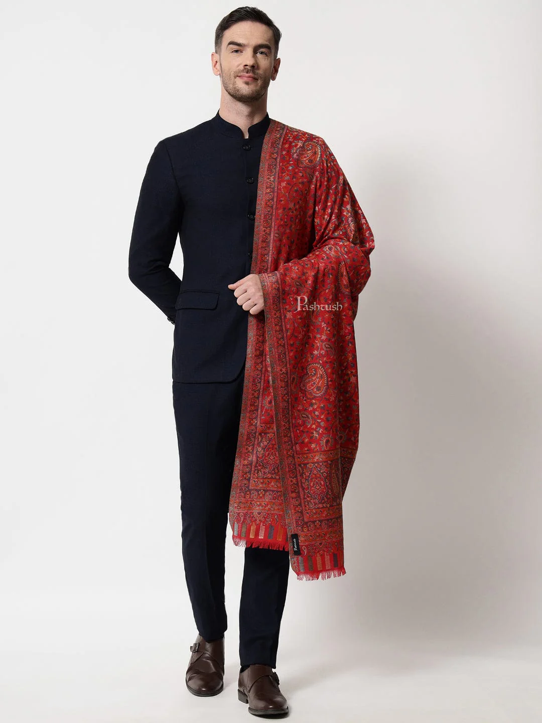 Pashtush mens Faux Pashmina stole, Ethnic palla design, Maroon - Image 5