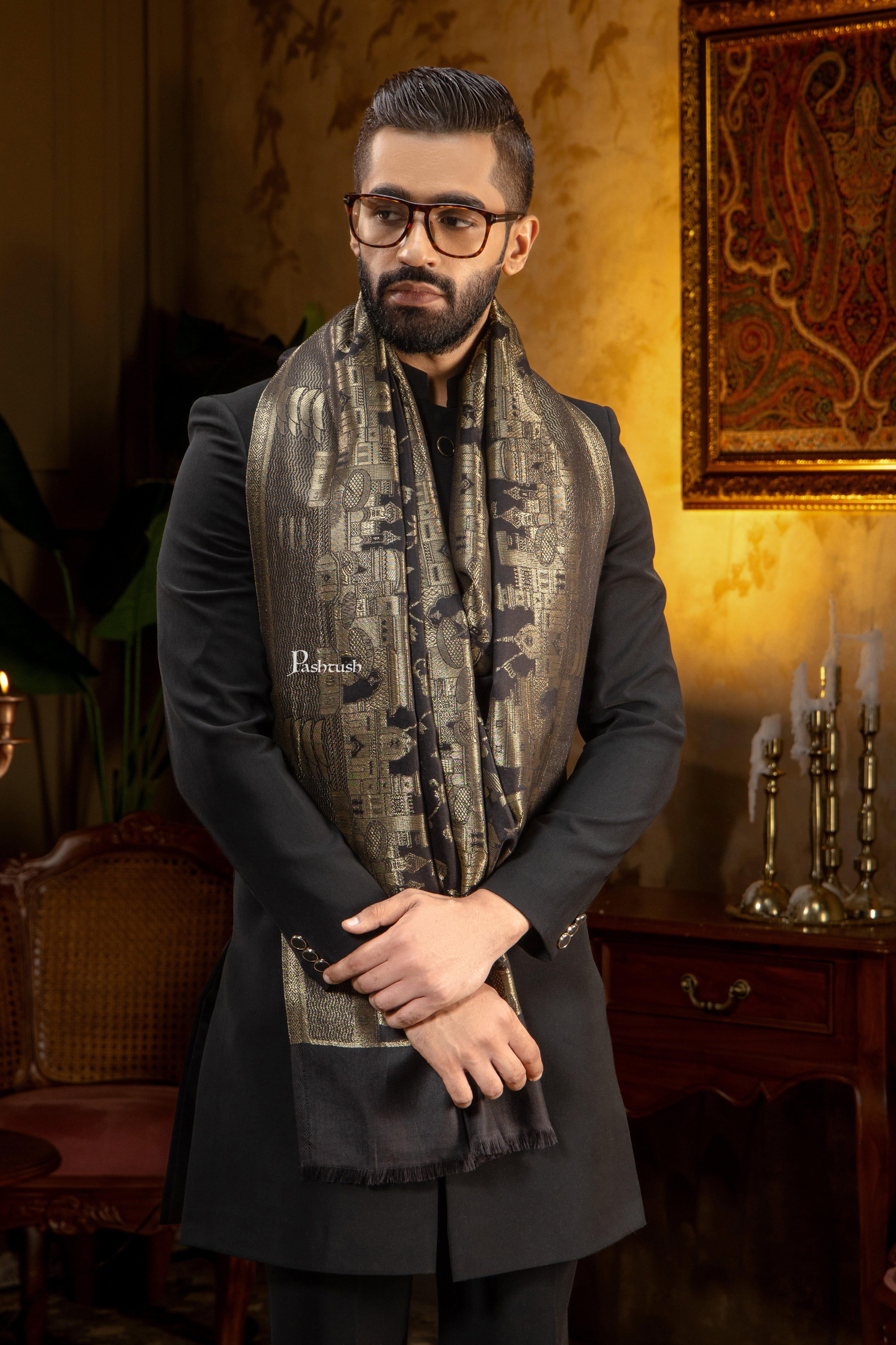 Pashtush Mens Faux Pashmina Stole, Twilight Darbar Border Design, Black - Image 2