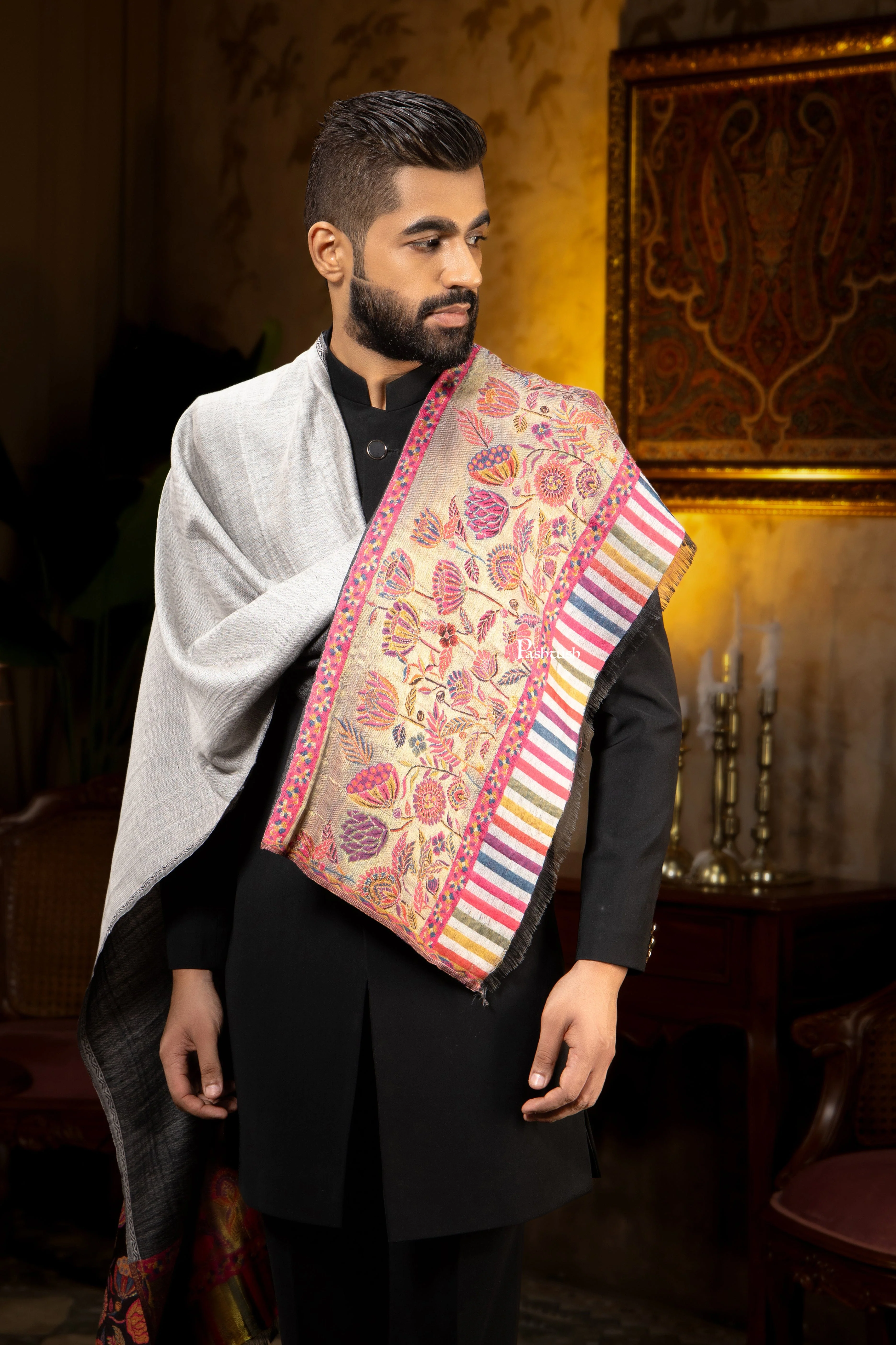 Pashtush Mens Faux Pashmina Stole, Twilight Flower Reversible Palla Design, Black - Image 5