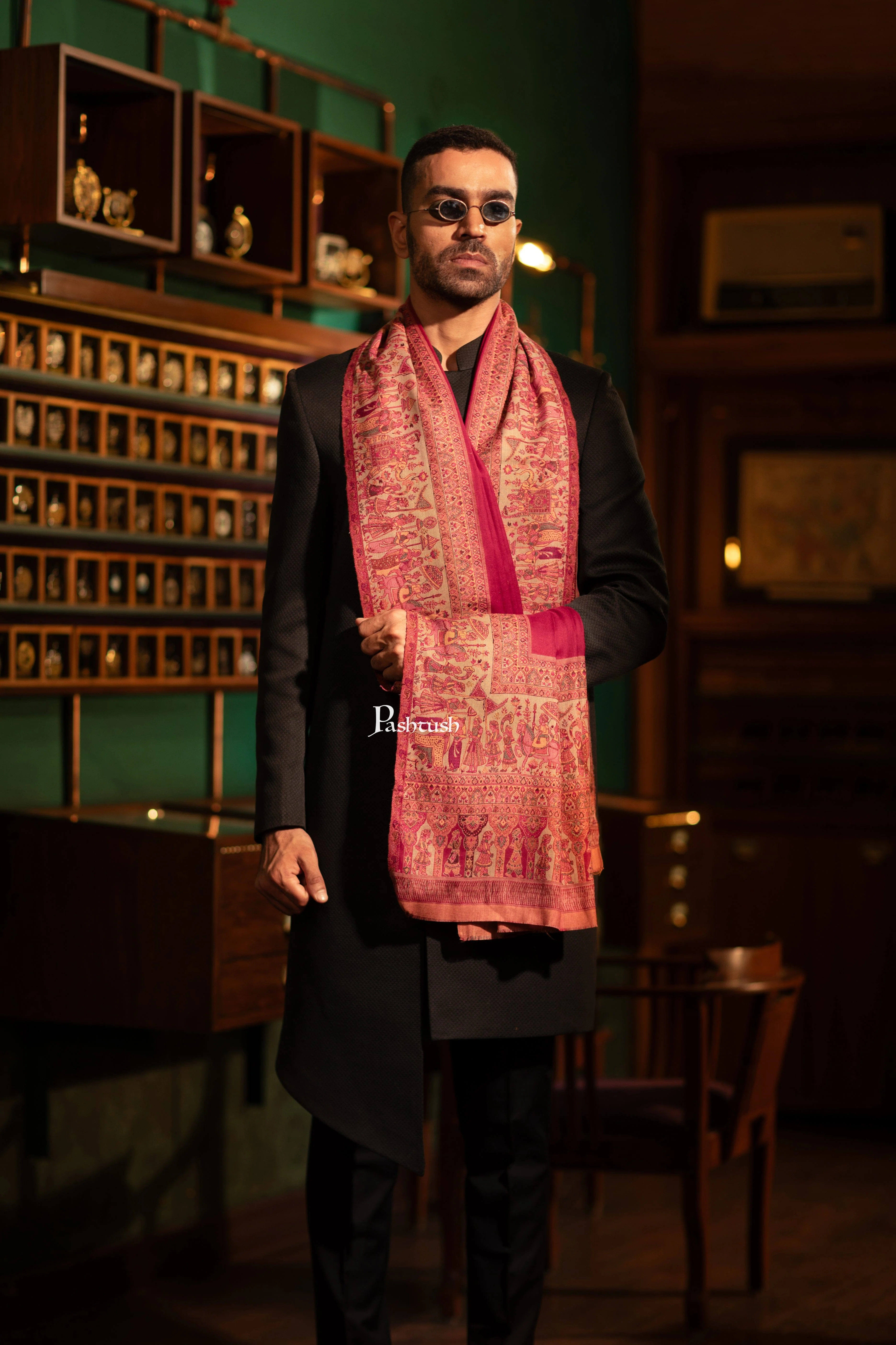 Pashtush Mens Faux Pashmina Stole, Woven Darbar Palla Design, Maroon - Image 5