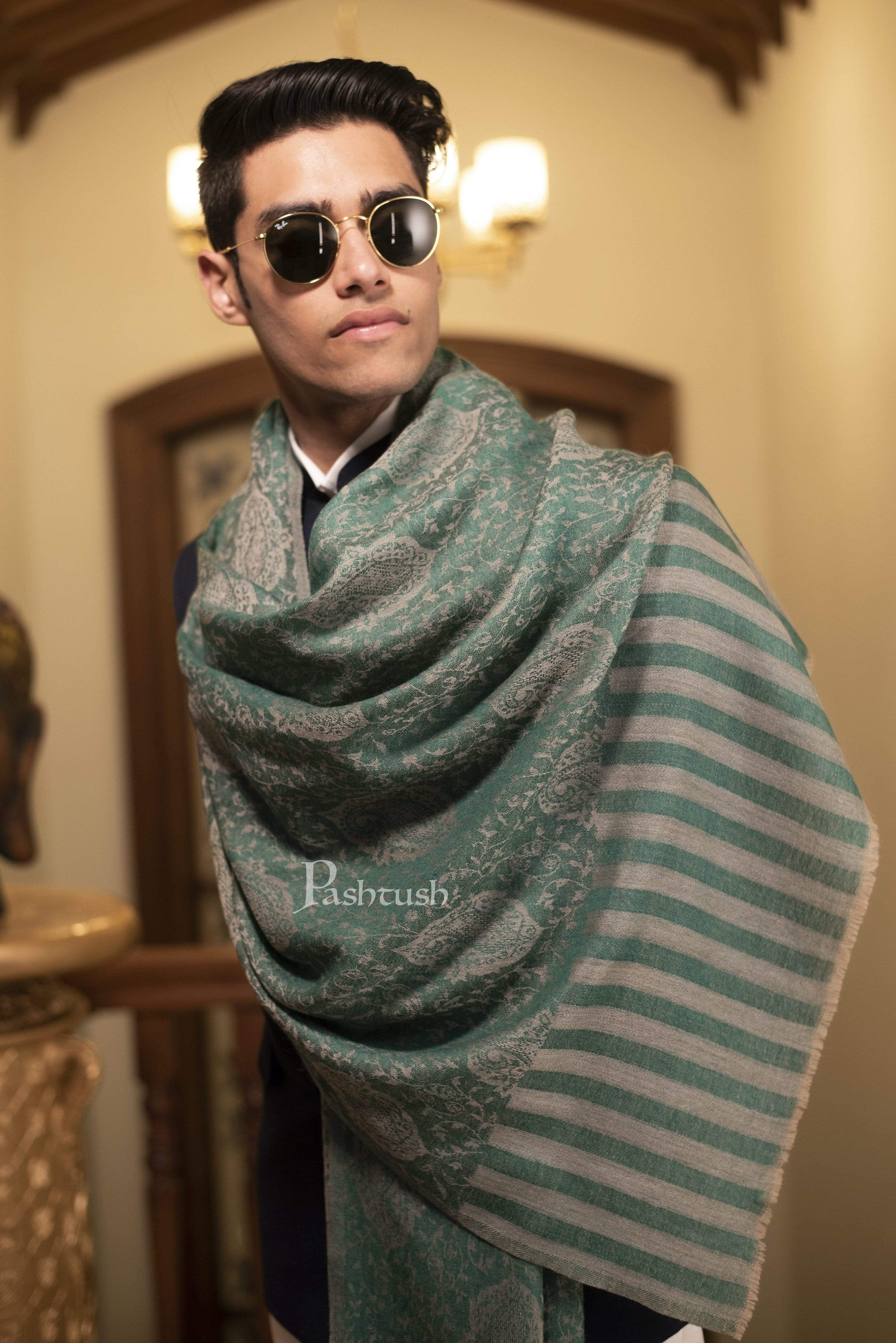Pashtush Mens Fine Wool Jacquard Stole, Bottle Green - Image 3
