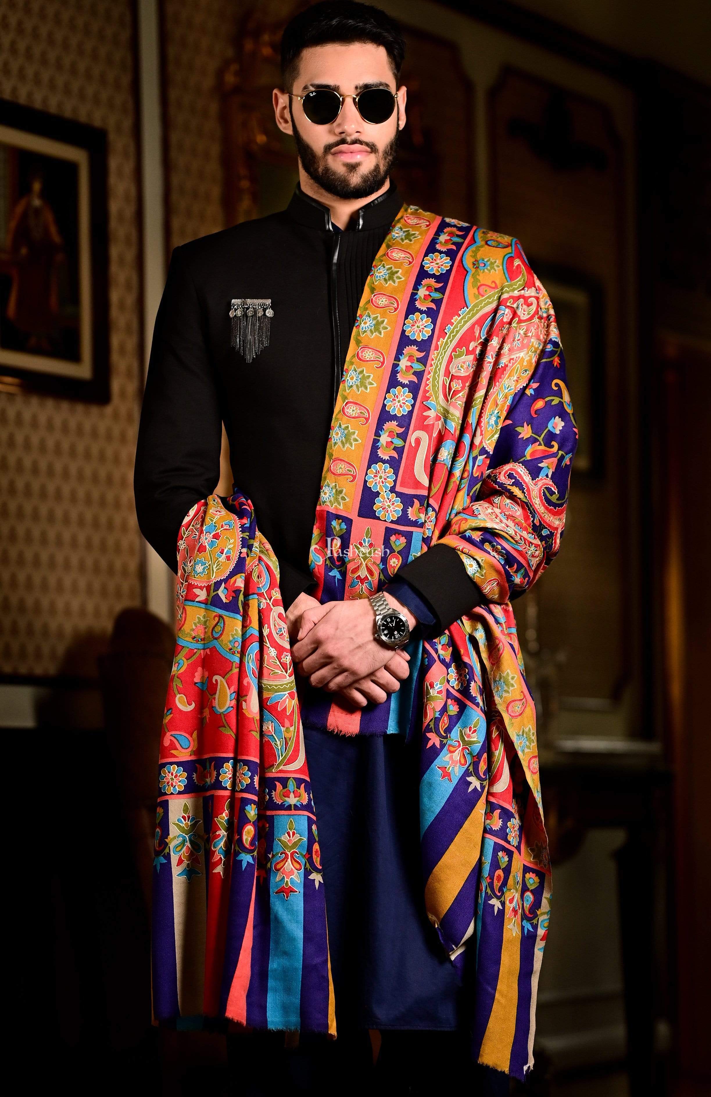 Pashtush Mens Fine Wool, Kalamkari Printed Shawl, Multicoloured - Image 4