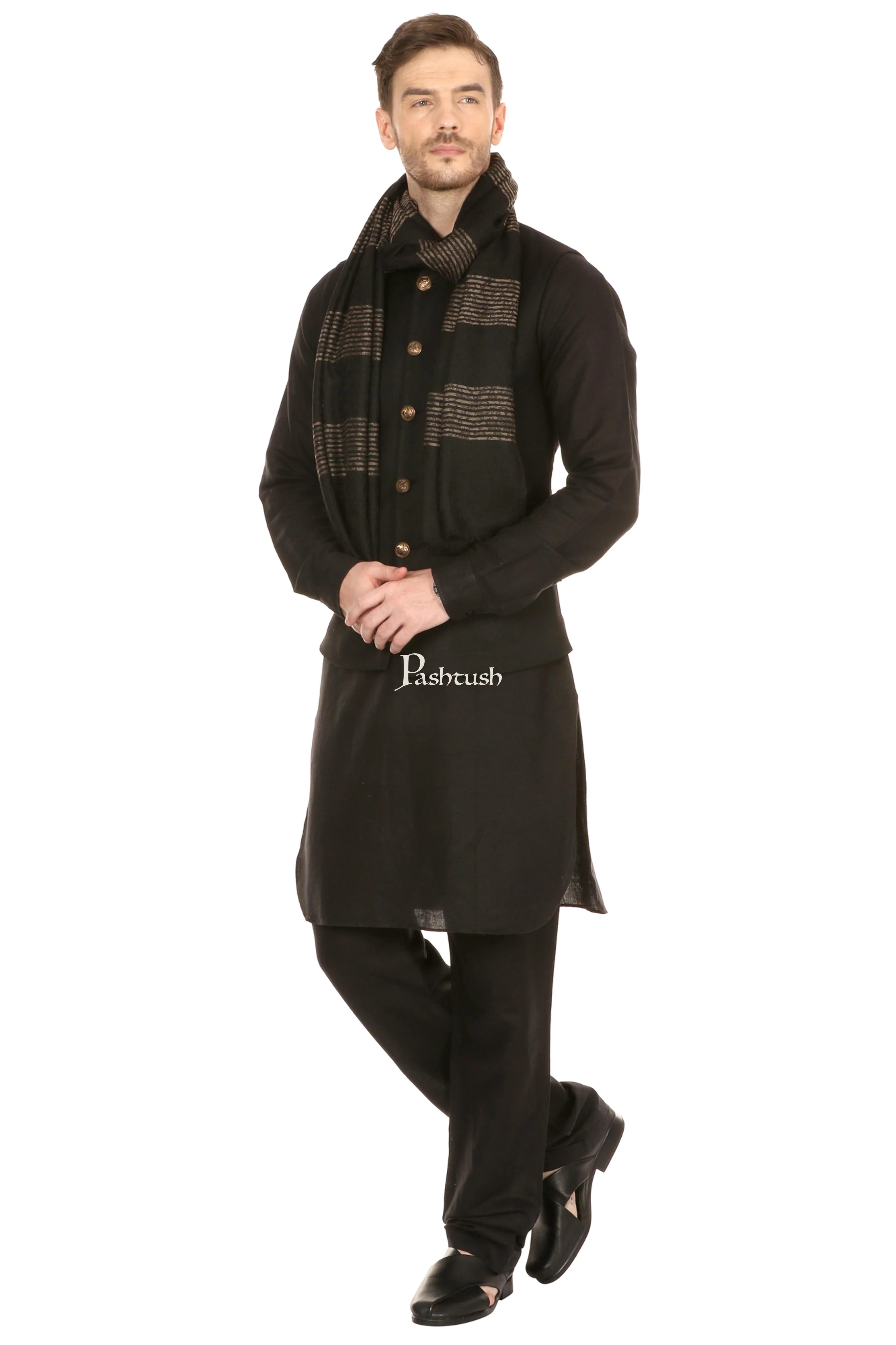 Pashtush Mens Fine Wool Reversible Muffler, Soft And Warm - Black - Image 4