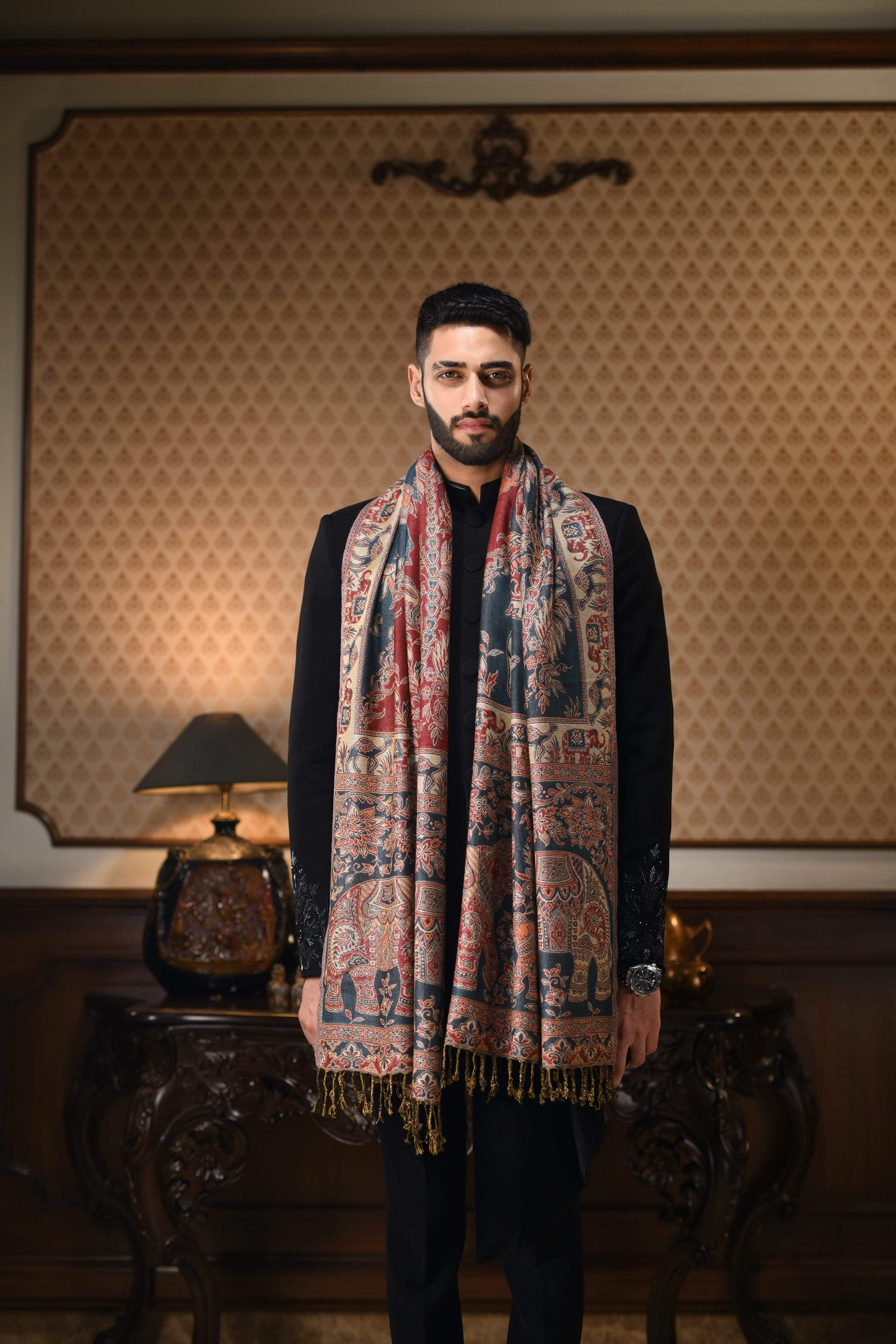 Pashtush Mens Bamboo Reversible Muffler Tribal Elephants, Azure - Image 3