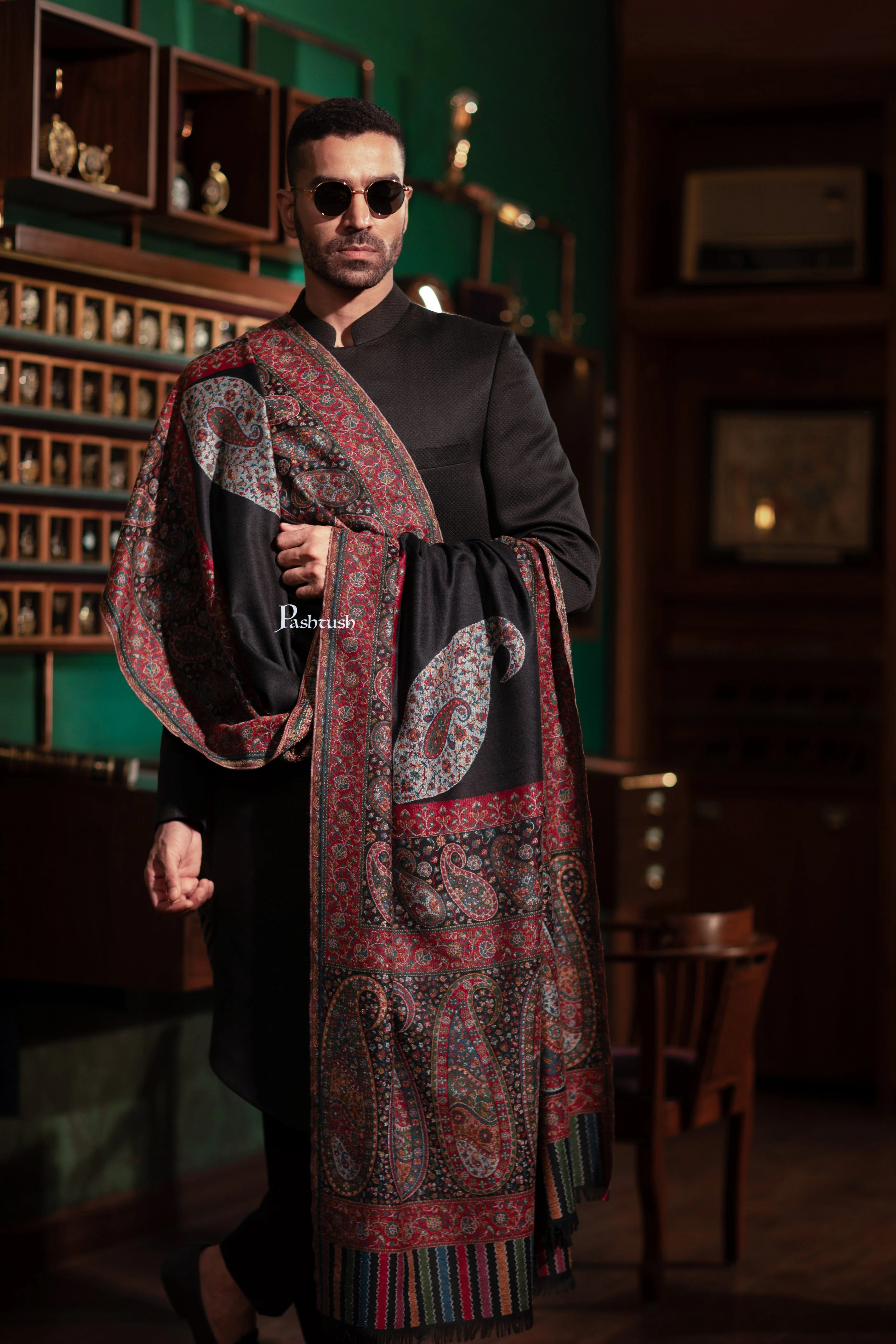 Pashtush Mens Fine Wool Shawl, Ambi Palla  Design, Black - Image 9