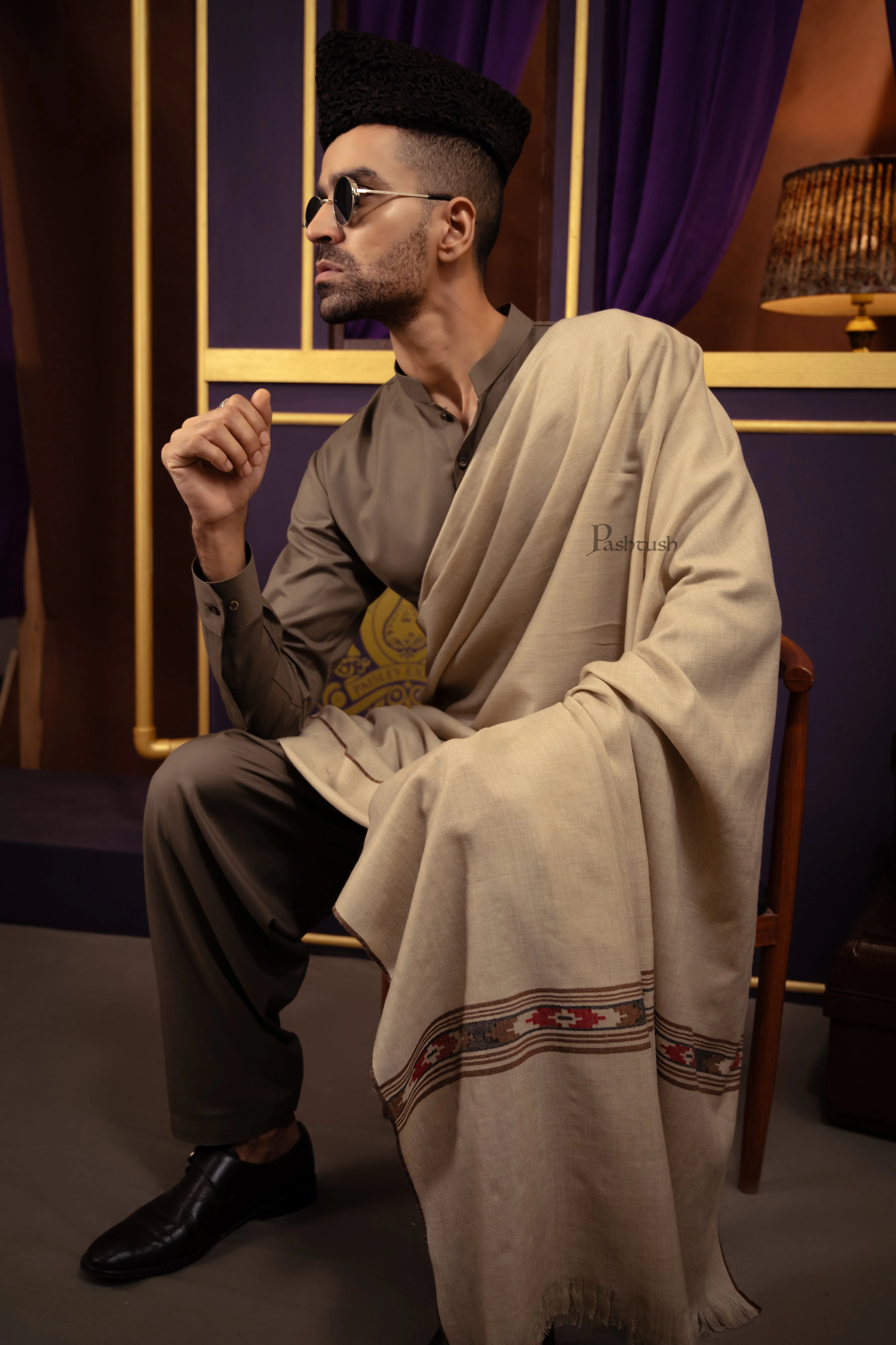 Pashtush Mens Fine Wool Shawl, Aztec Weave Design, Beige - Image 3