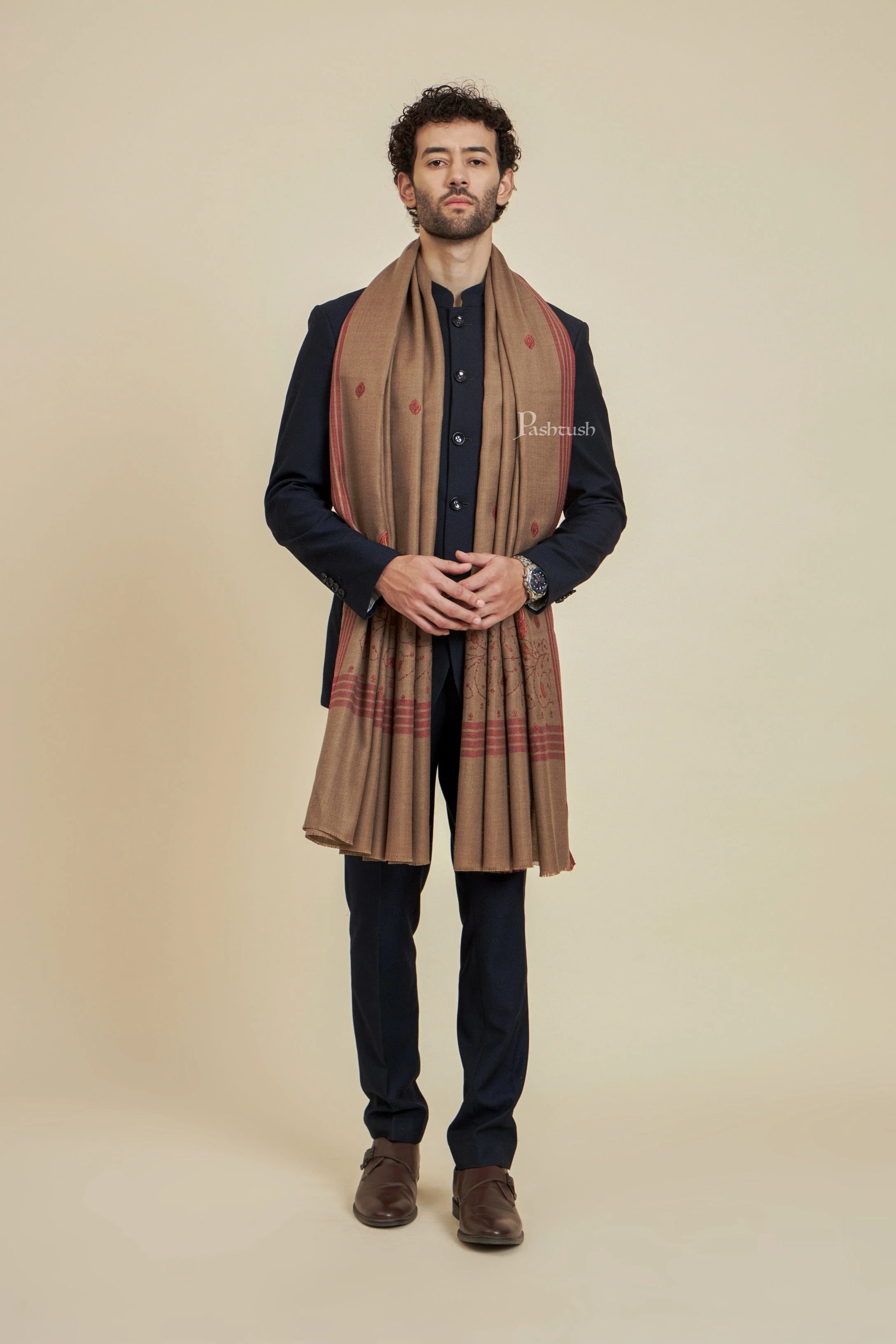 Pashtush Mens Fine Wool Shawl,  Design, Taupe - Image 3