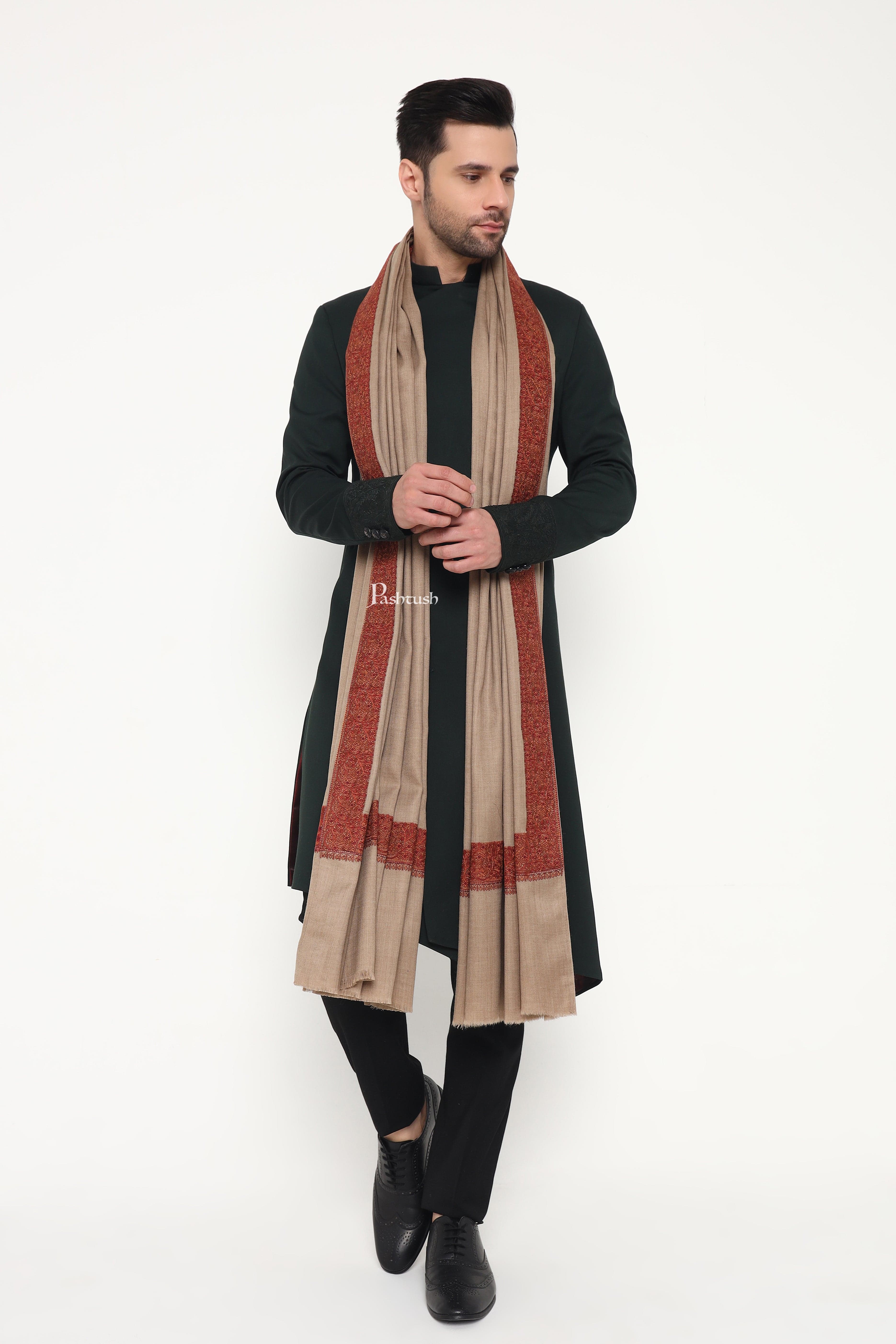 Pashtush Mens Fine Wool Shawl, Double Daur Challa Design, Taupe - Image 5