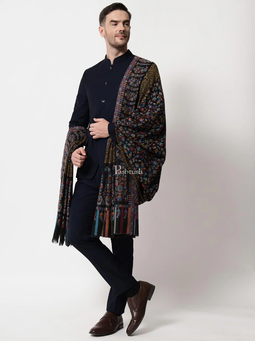 Pashtush mens Fine Wool shawl, Ethnic design, Black, Mens Lohi, Full Size - Image 3