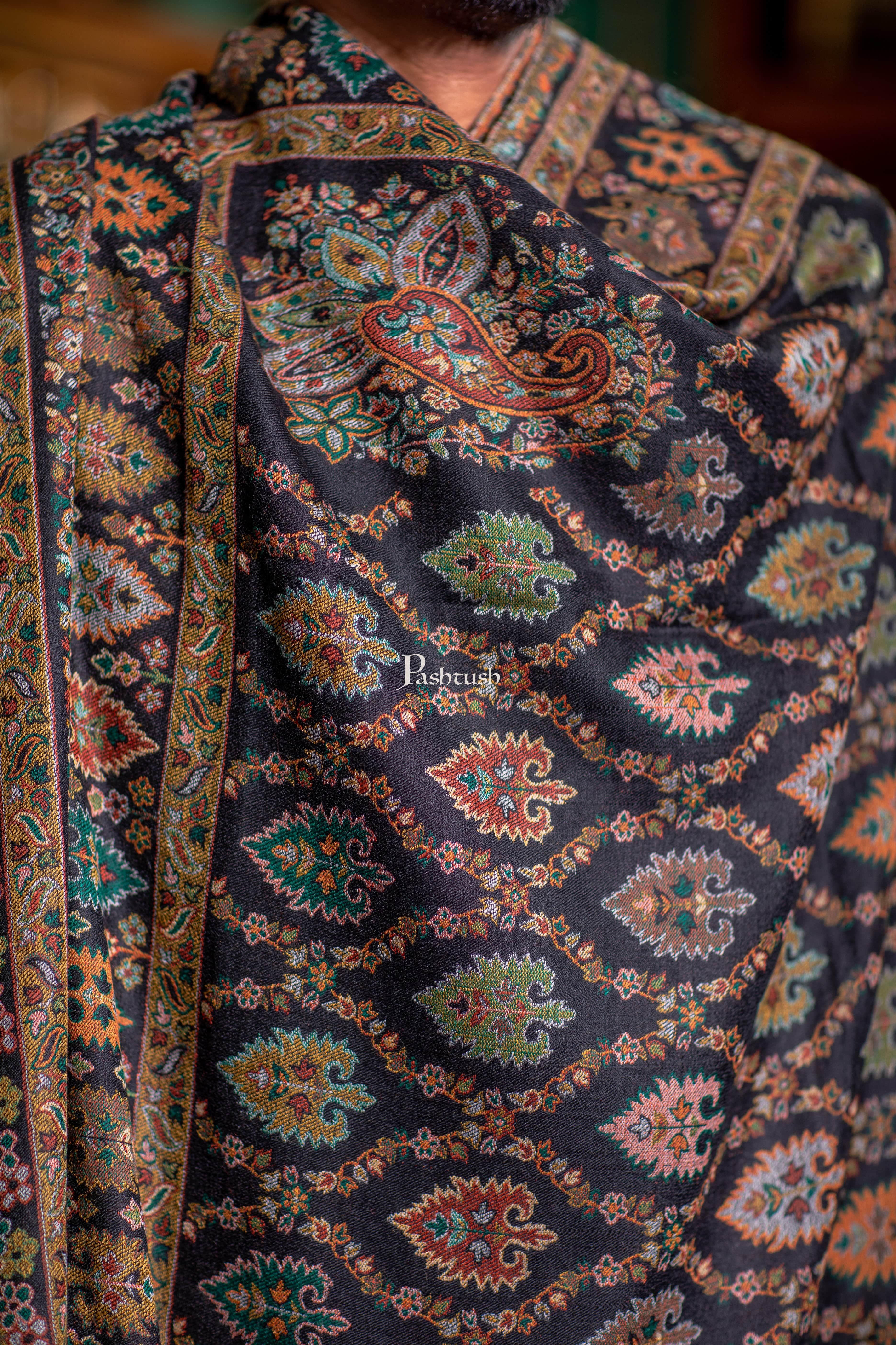 Pashtush Mens Fine Wool Shawl, Full Size, Ethnic Weave Design, Black - Image 5