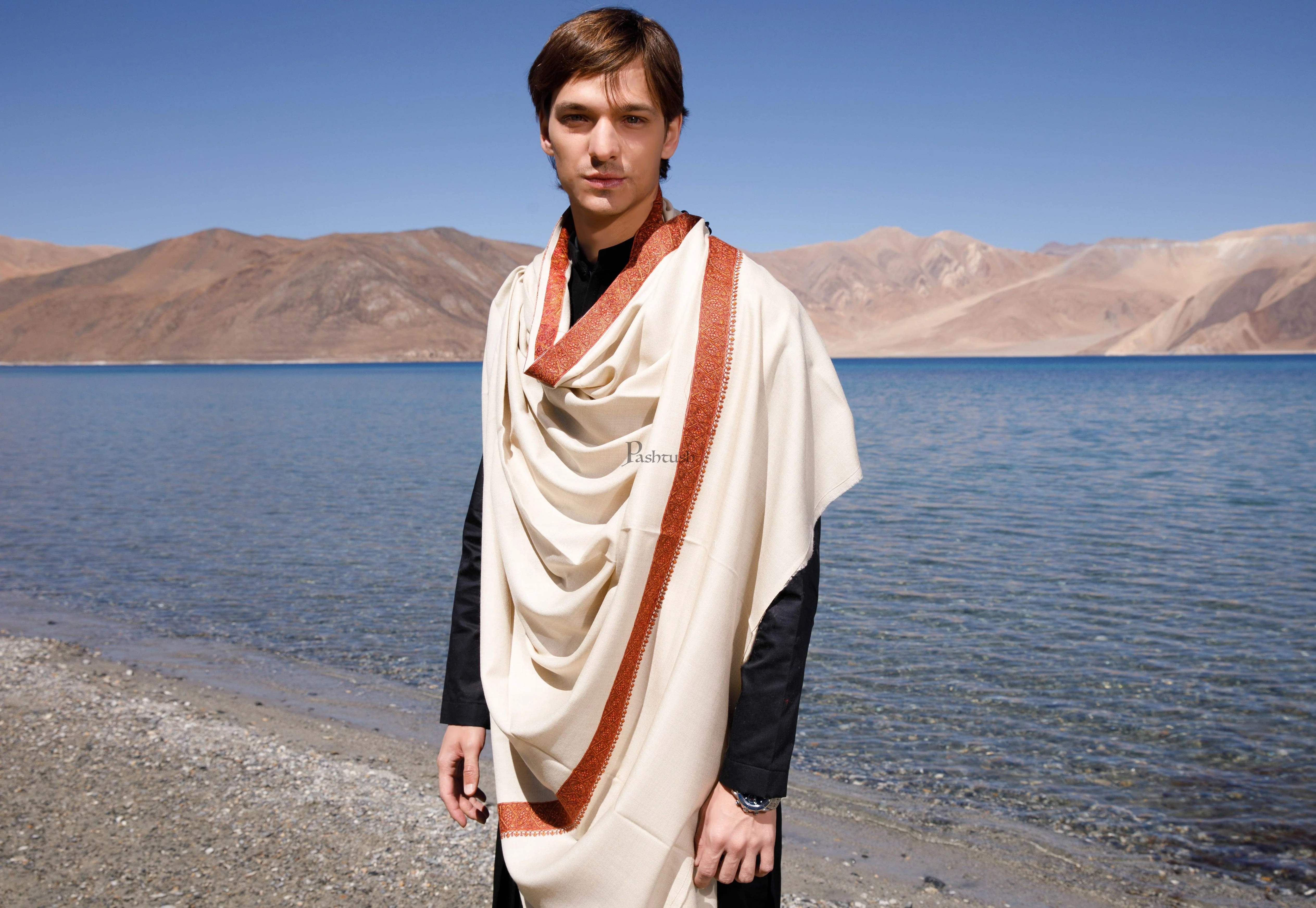 Pashtush Mens Fine Wool Shawl, Kashmiri Neemdaur Embroidery Design, Beige - Image 3