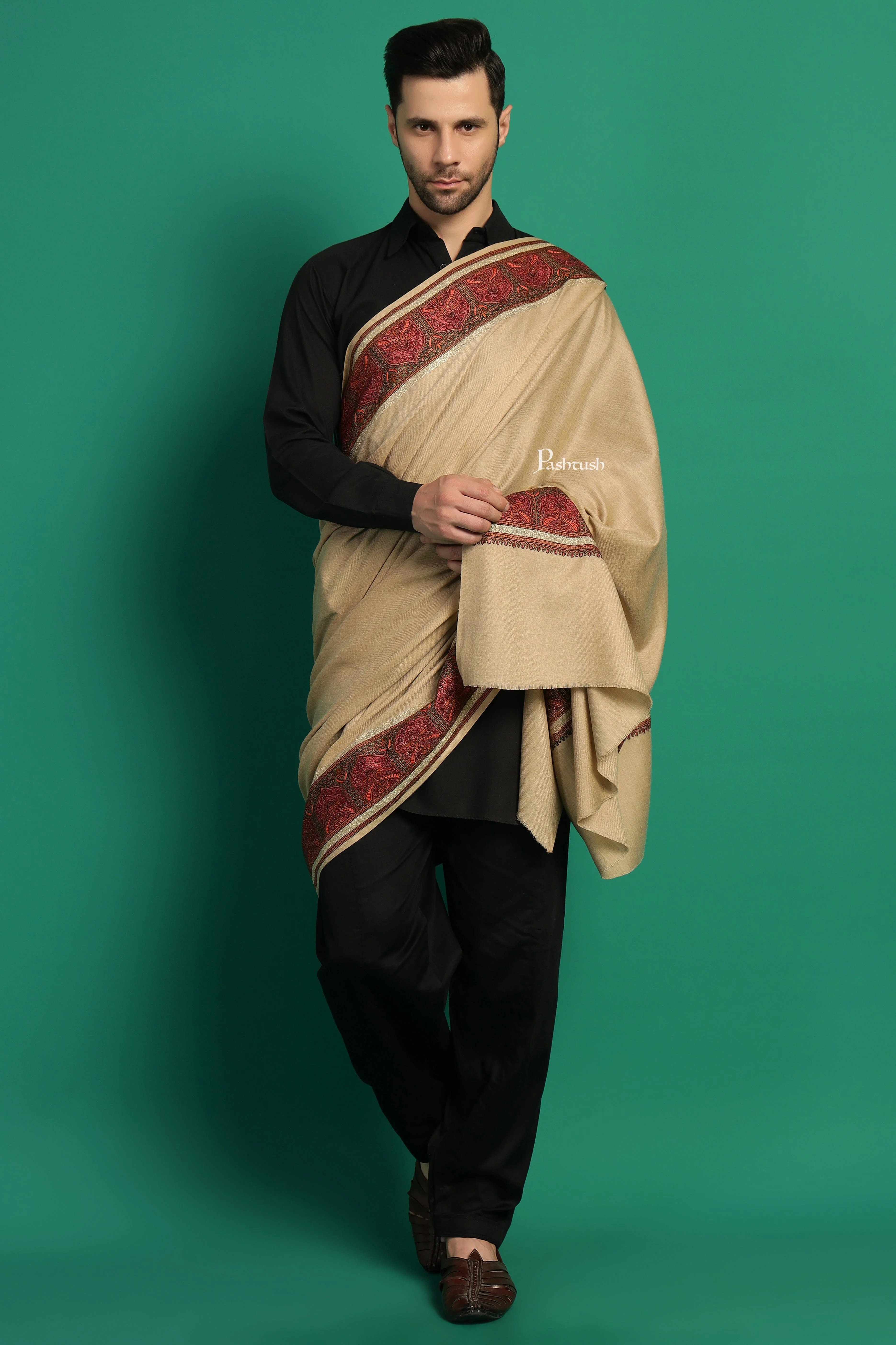 Pashtush Mens Fine Wool Shawl, Metallic Border Design, Beige - Image 3