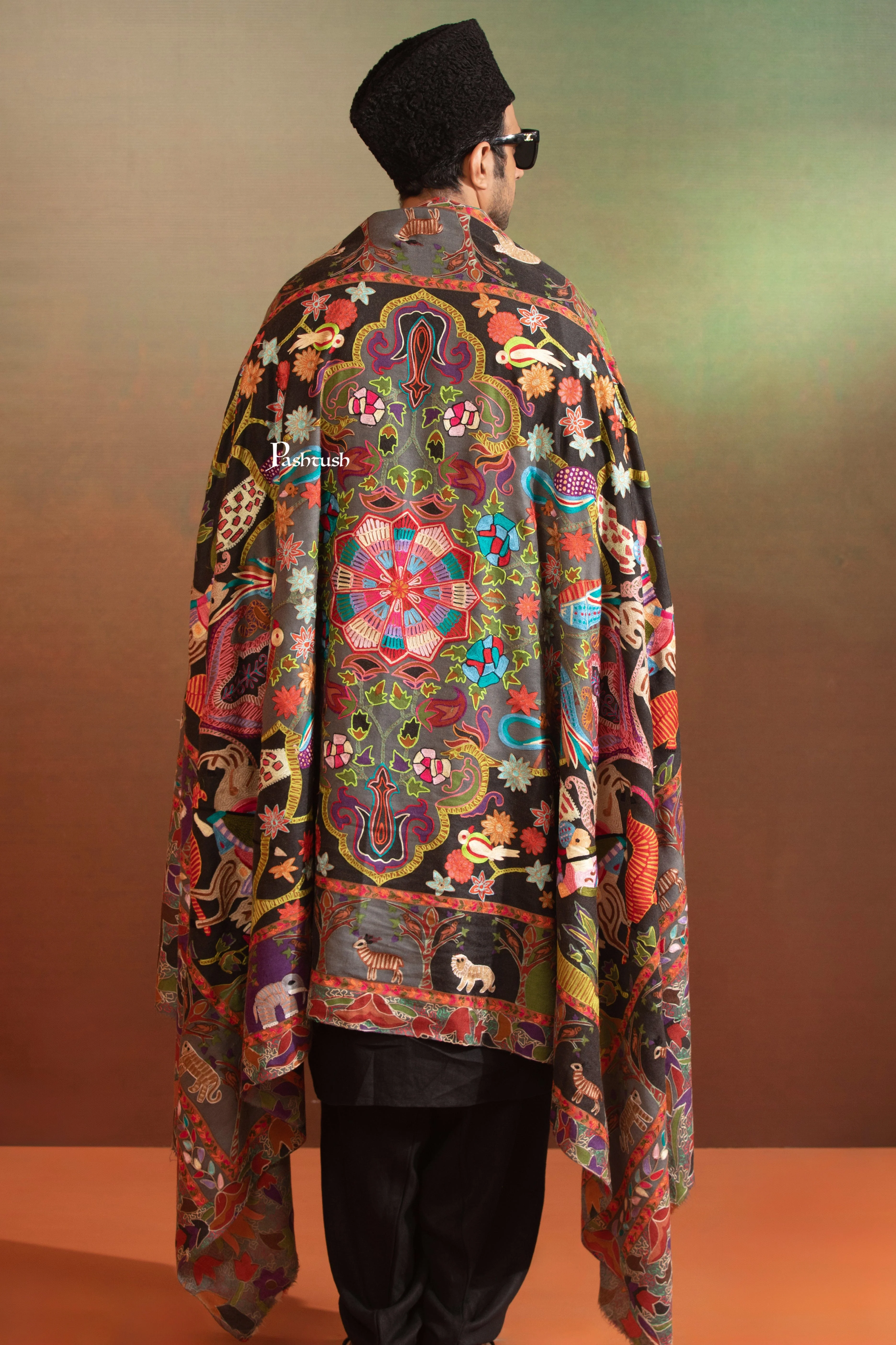 Pashtush Mens Fine Wool Shawl, Shikaar-Dar Hand Embroidered Design, Multicolour - Image 2