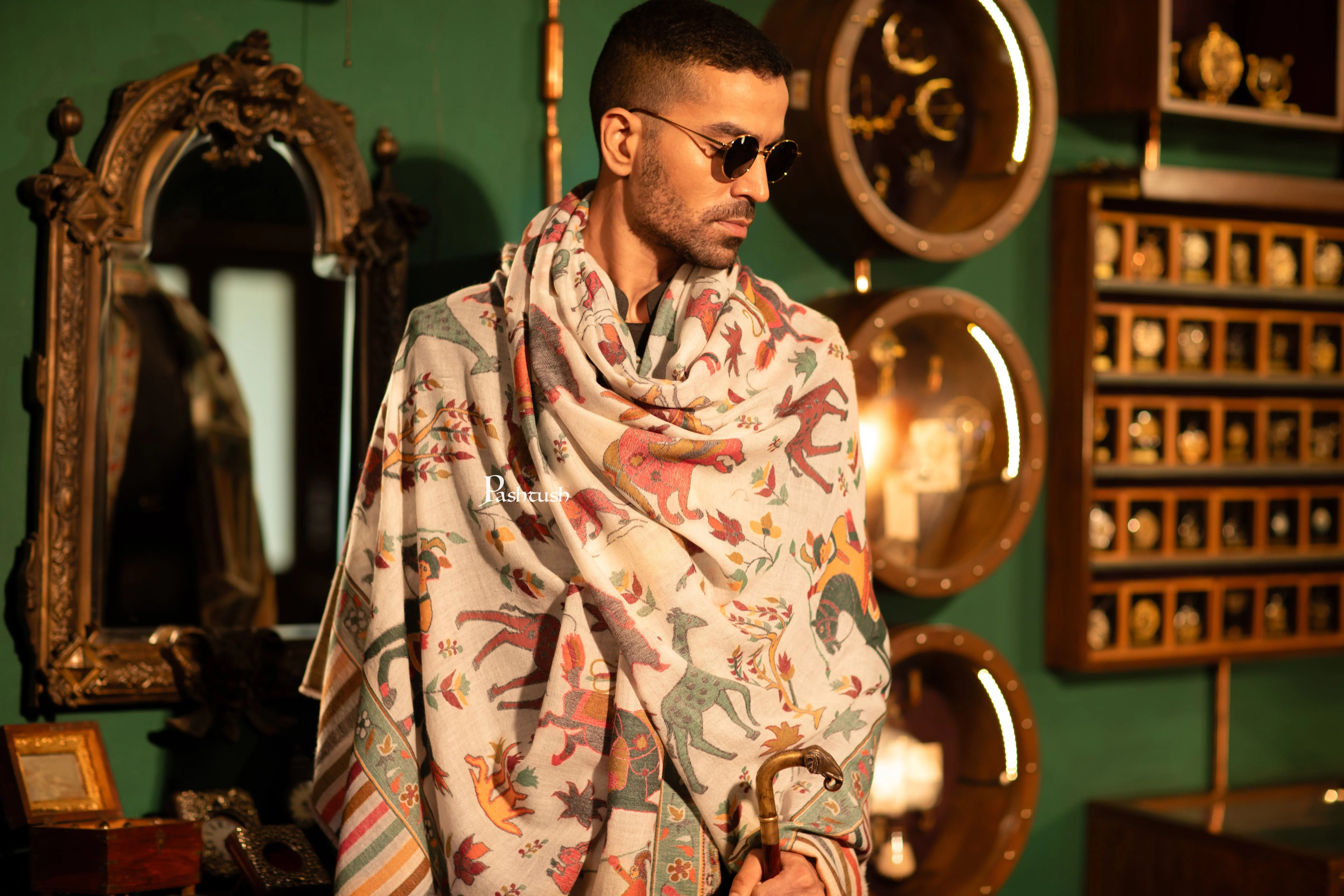 Pashtush Mens Fine Wool Shawl, Shikaardar  Design, Emily Ivory - Image 3
