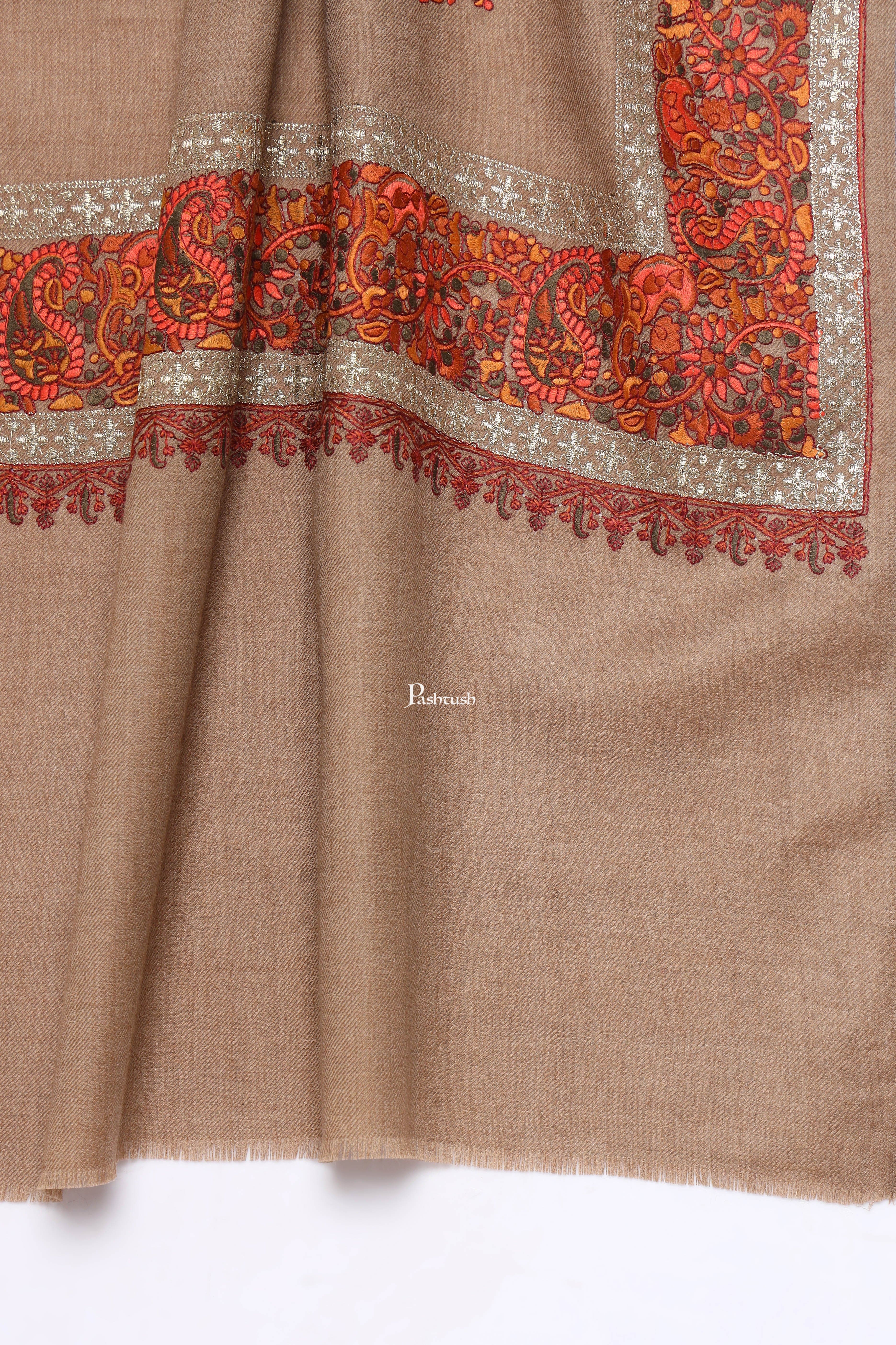Pashtush Mens Fine Wool Stole, Challa Daur With Metallic Detailing Design, Taupe - Image 2