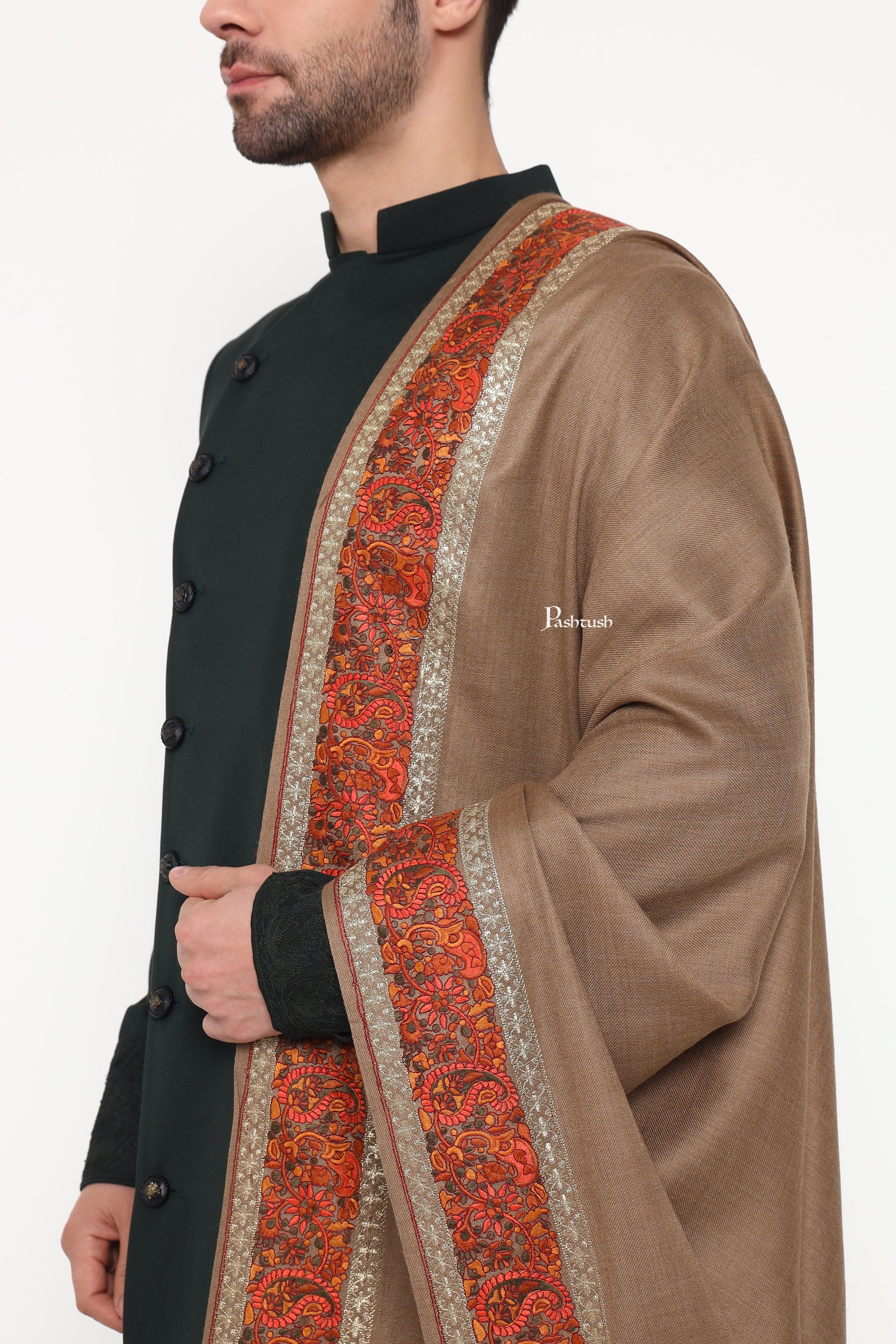 Pashtush Mens Fine Wool Stole, Challa Daur With Metallic Detailing Design, Taupe - Image 7