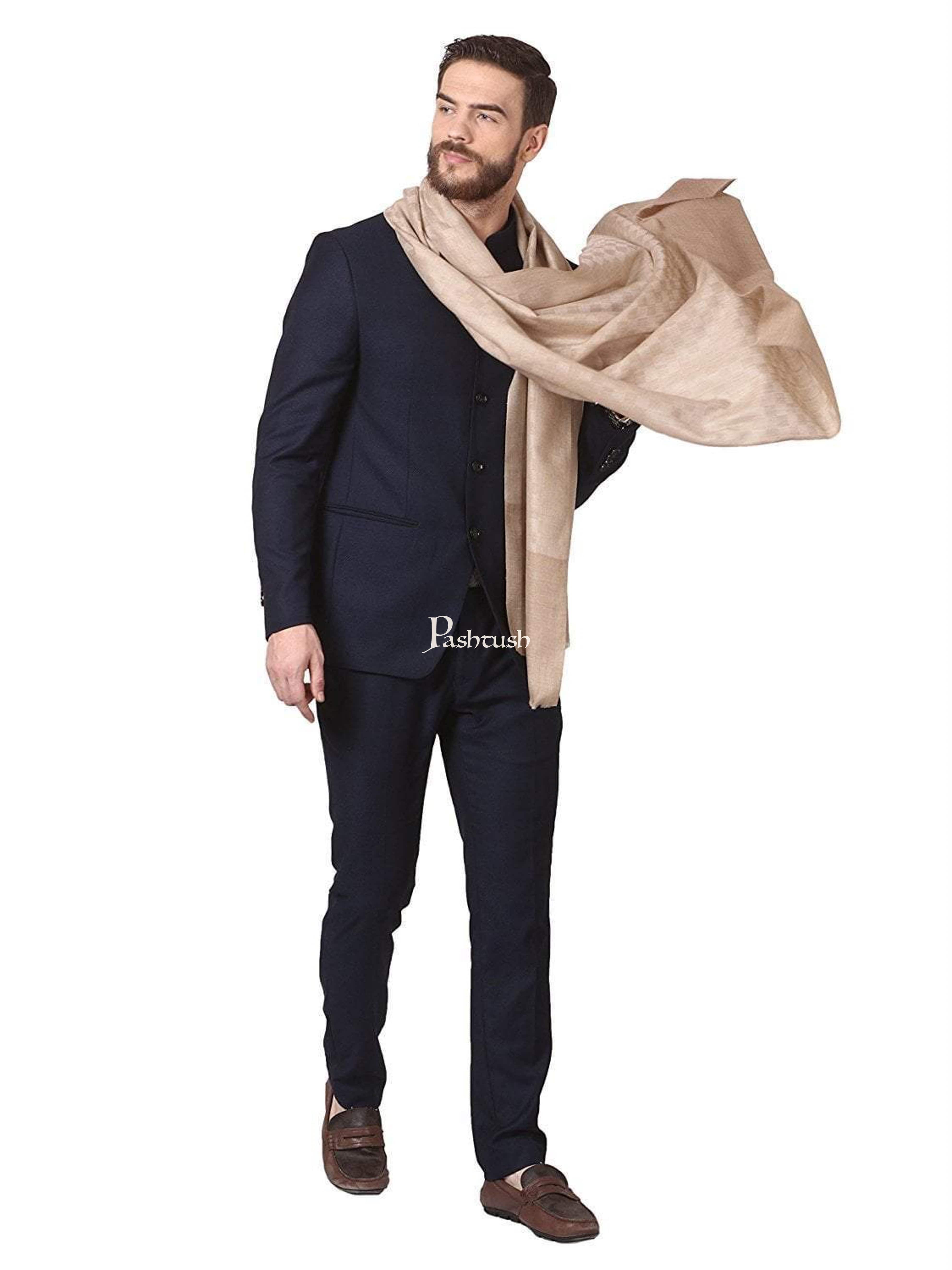 Pashtush Mens Fine Wool Stole, Extra-Soft Cashmere Feel, Beige - Image 3