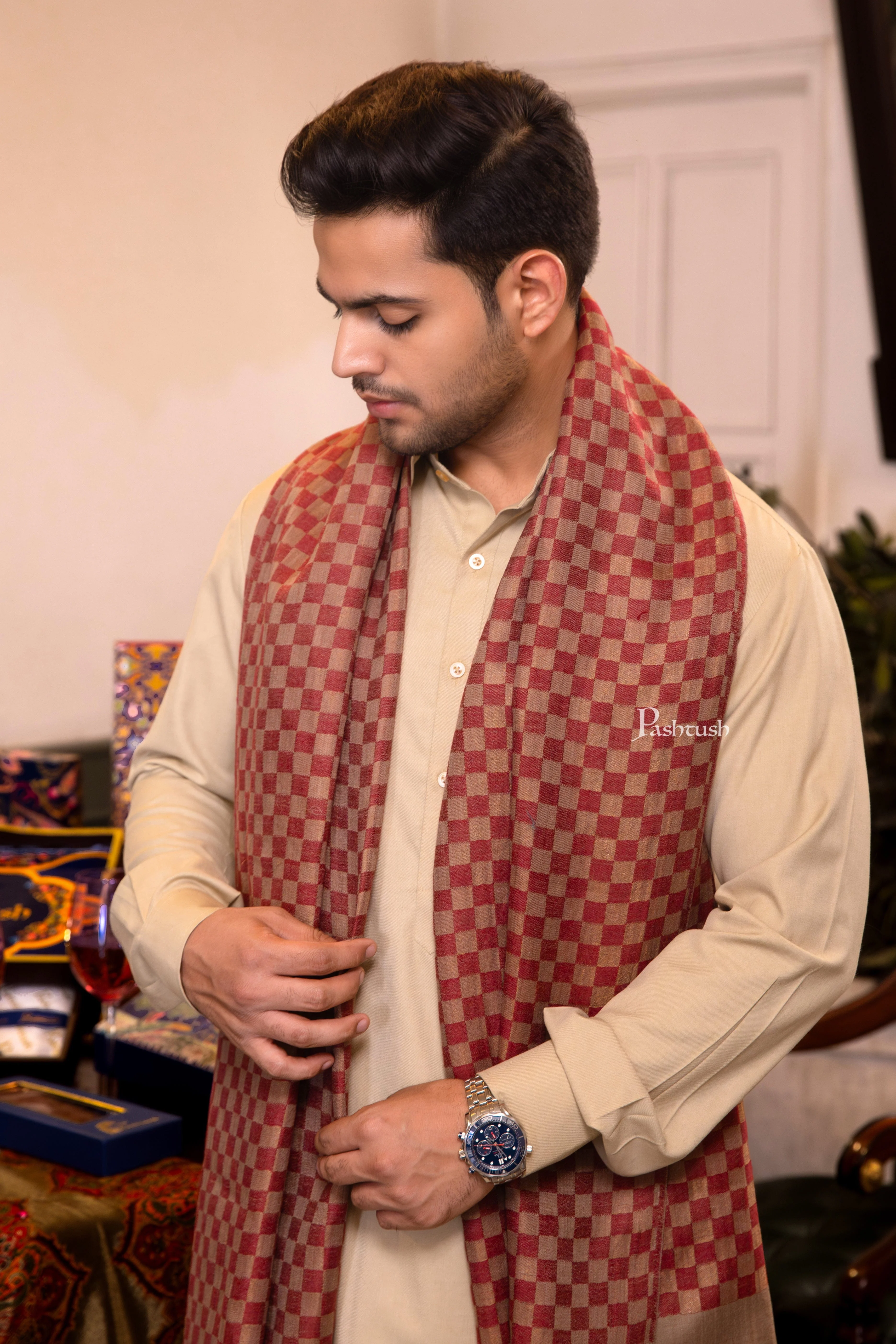 Pashtush Mens Extra Fine Wool Stole, Twilight Collection Check Design, Maroon - Image 2