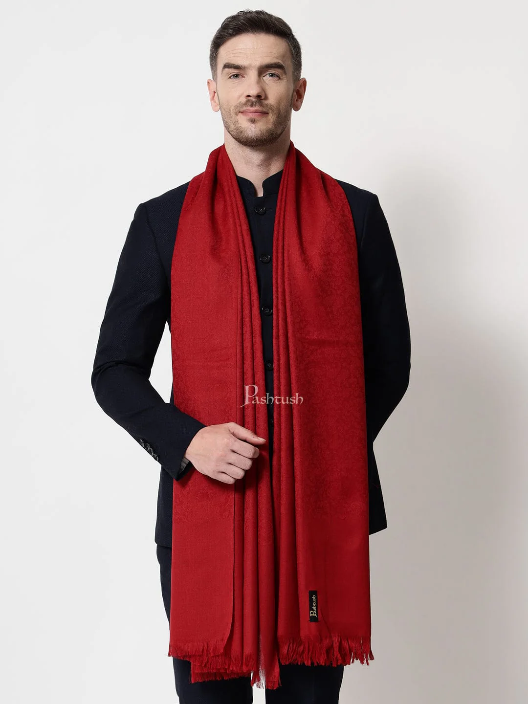 Pashtush mens Fine Wool stole, jacquard design, Maroon - Image 2