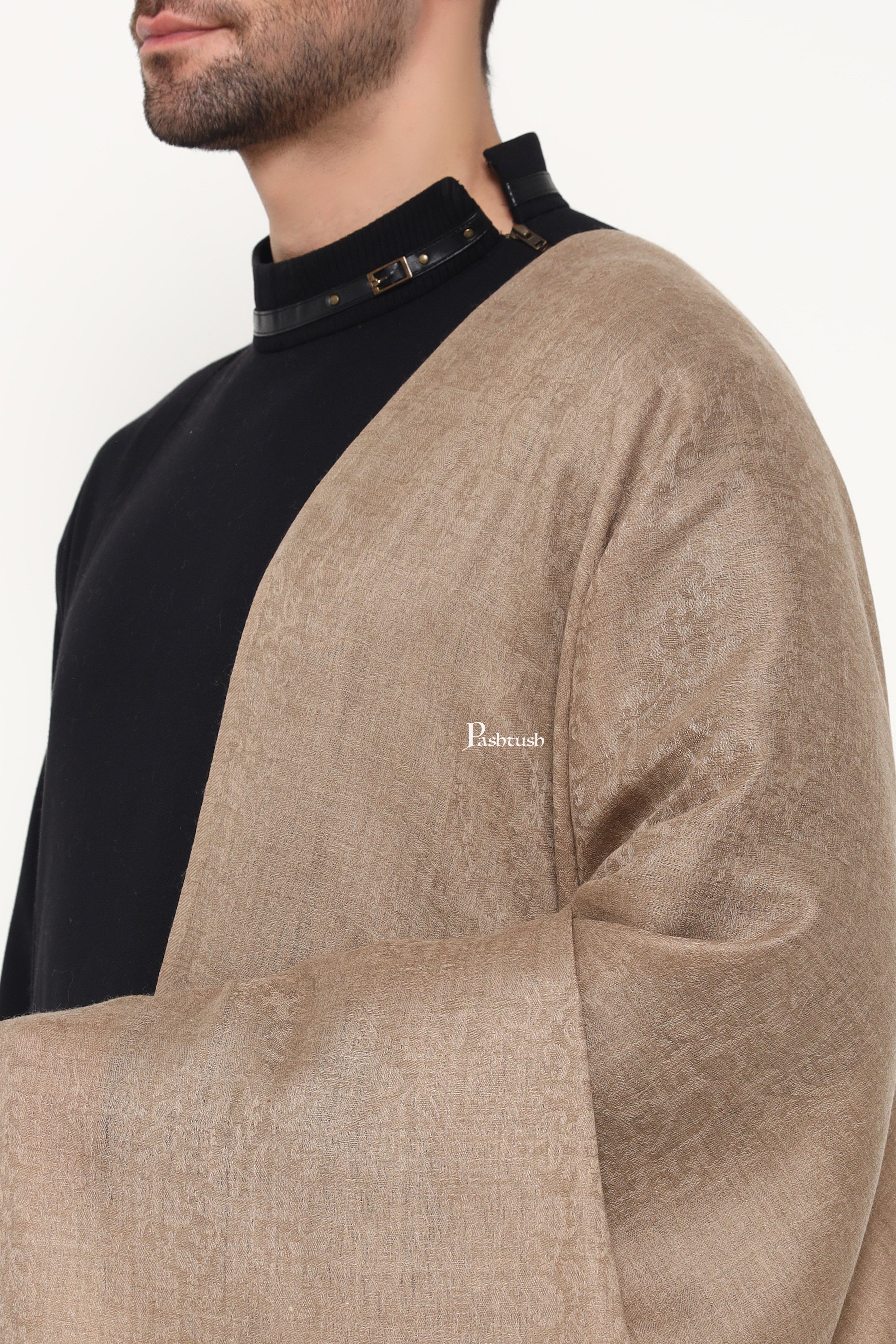 Pashtush Mens Fine Wool Stole, Kullu Design, Taupe - Image 5