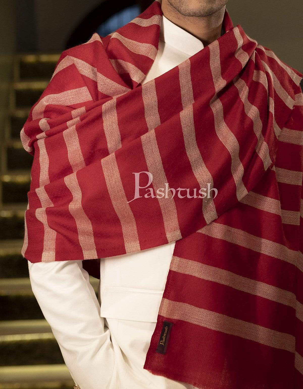 Pashtush Mens Fine Wool Stole, Maroon - Image 3