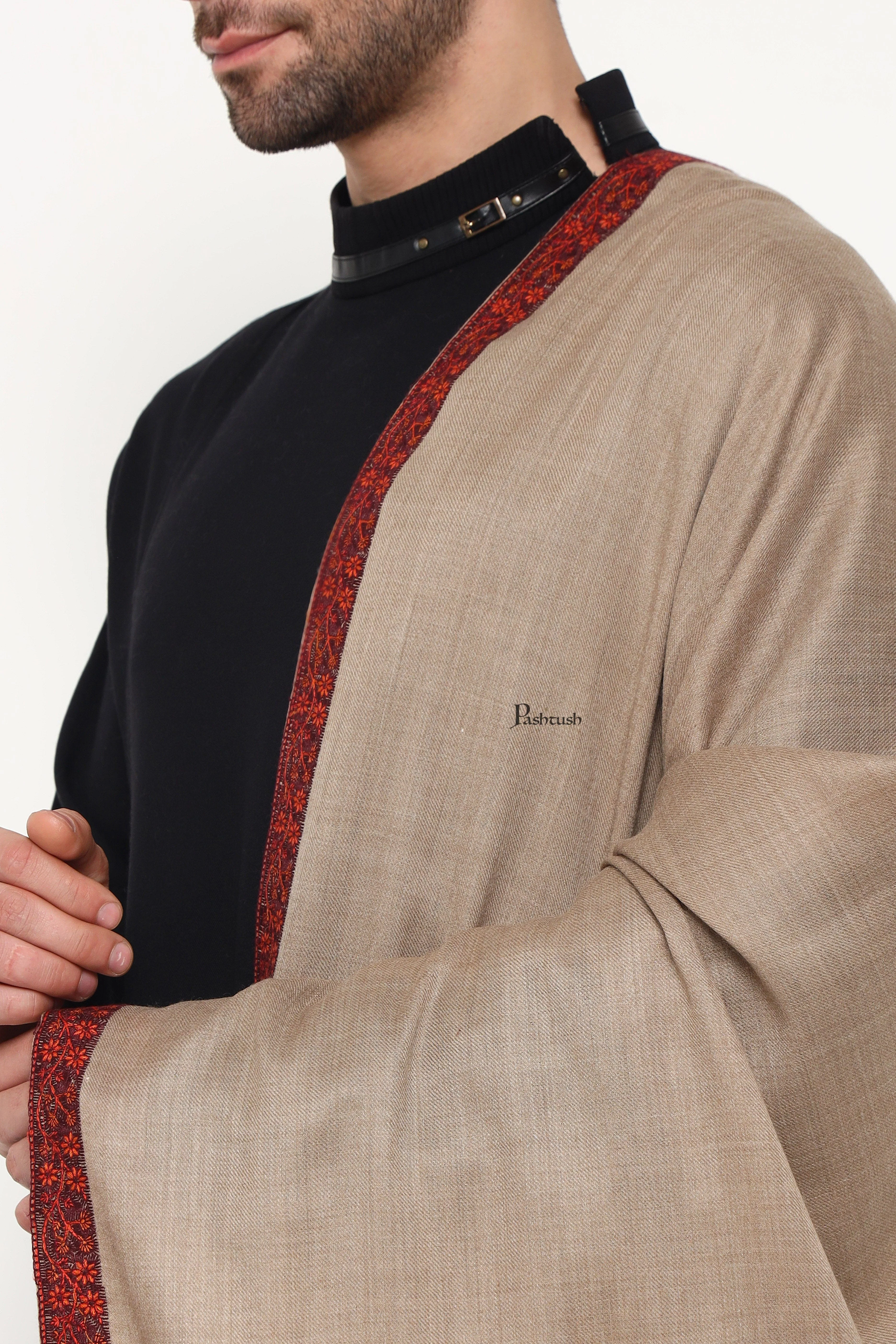 Pashtush Mens Fine Wool Stole, Self Palla Neem Daur Design, Taupe - Image 6