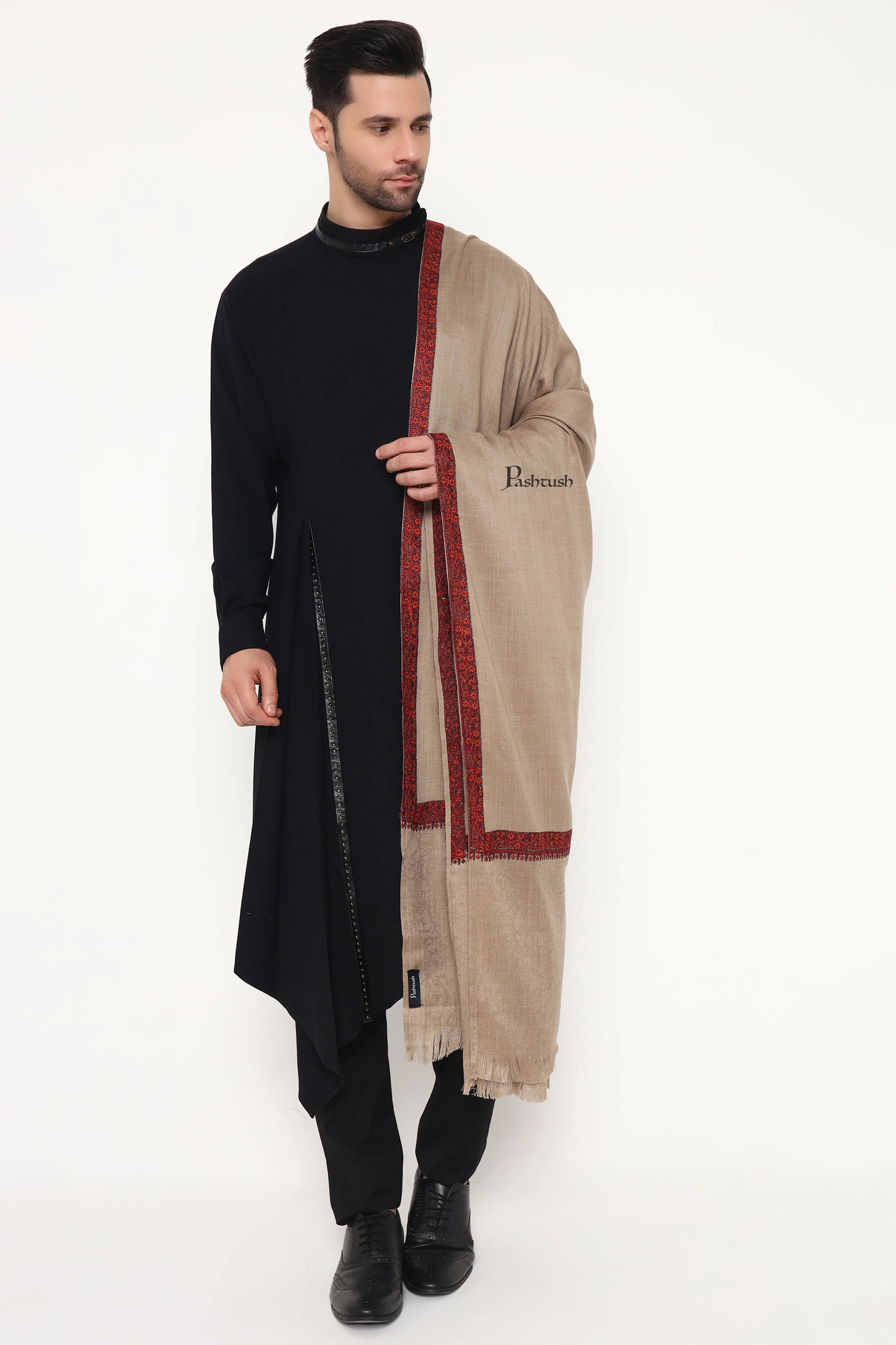 Pashtush Mens Fine Wool Stole, Self Palla Neem Daur Design, Taupe - Image 7