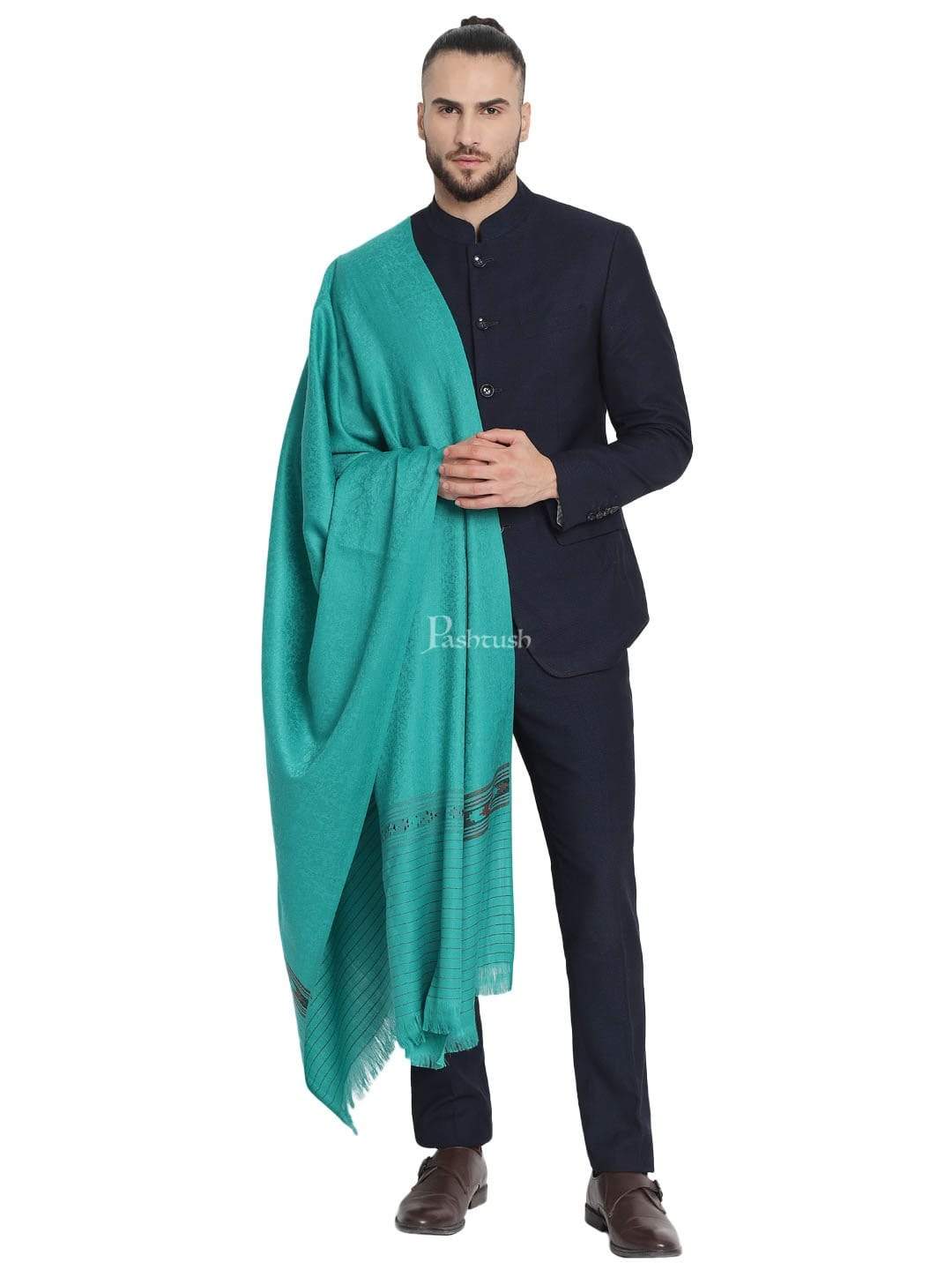 Pashtush Mens Fine Wool Stole, Soft And Warm, Aztec Design, Jacquard Weave - Bottle Green - Image 3