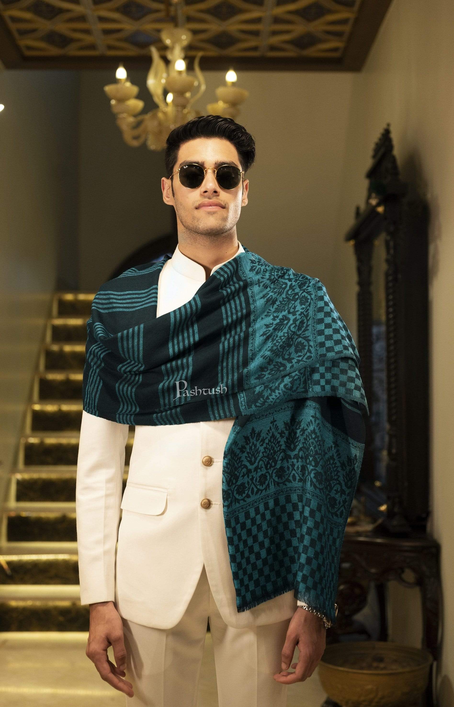 Pashtush Mens Fine Wool Stole, Aqua Blue - Image 4