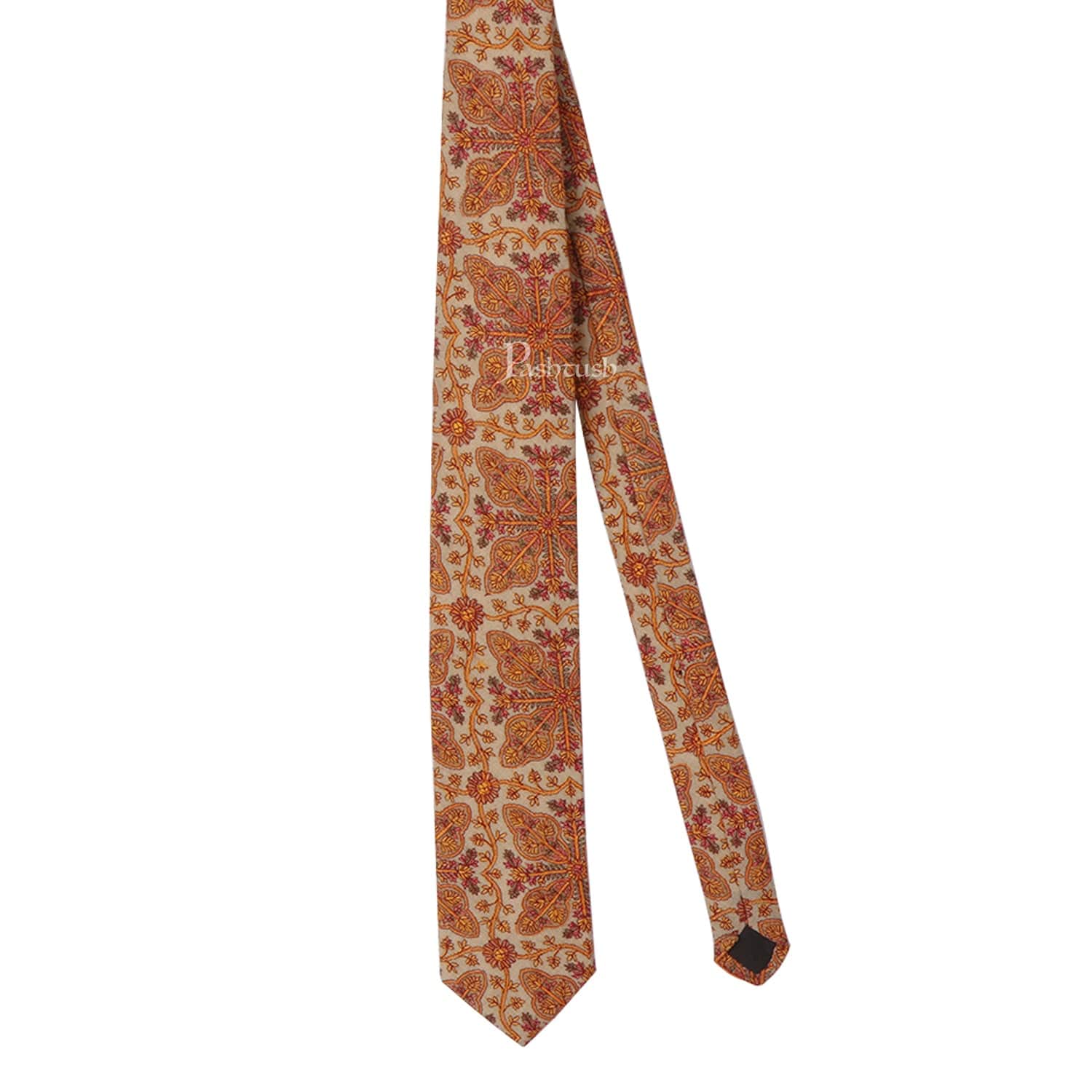 Pashtush mens Fine Wool tie, Embroidered design, Beige - Image 4